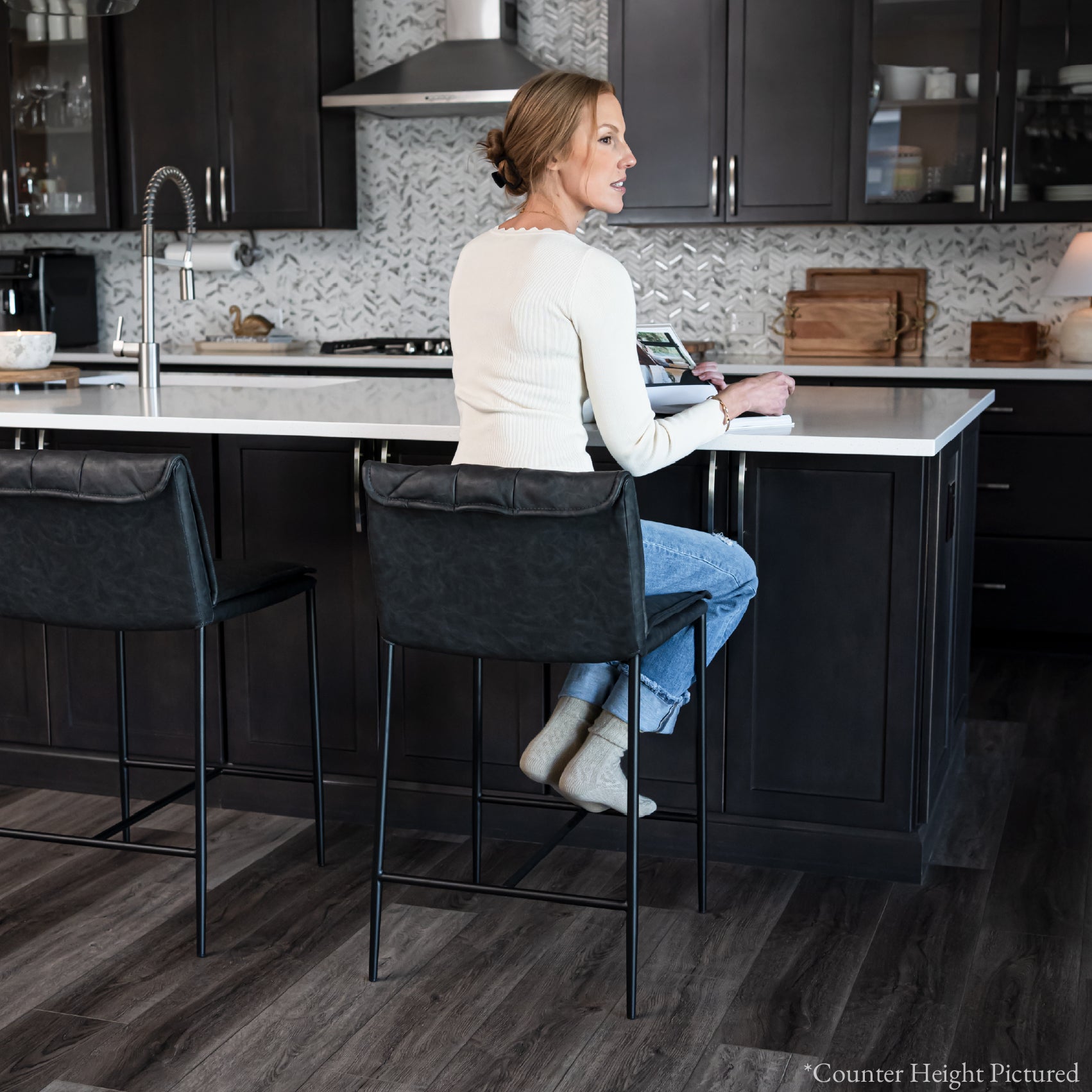 29" Gerard Bar Stool in Black Finish with Dark Grey Faux Leather (Set of 4) in Stools by Maven Lane