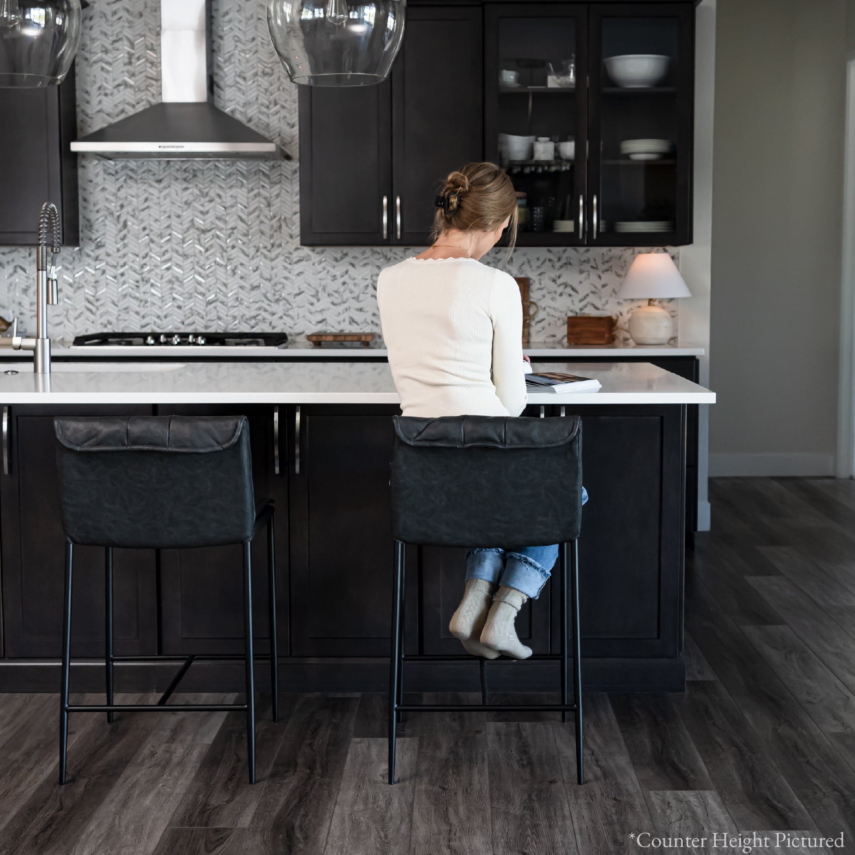 29" Gerard Bar Stool in Black Finish with Dark Grey Faux Leather (Set of 4) in Stools by Maven Lane
