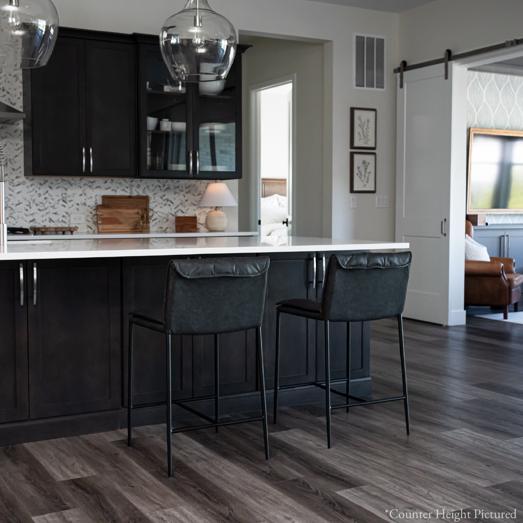 29" Gerard Bar Stool in Black Finish with Dark Grey Faux Leather (Set of 4) in Stools by Maven Lane