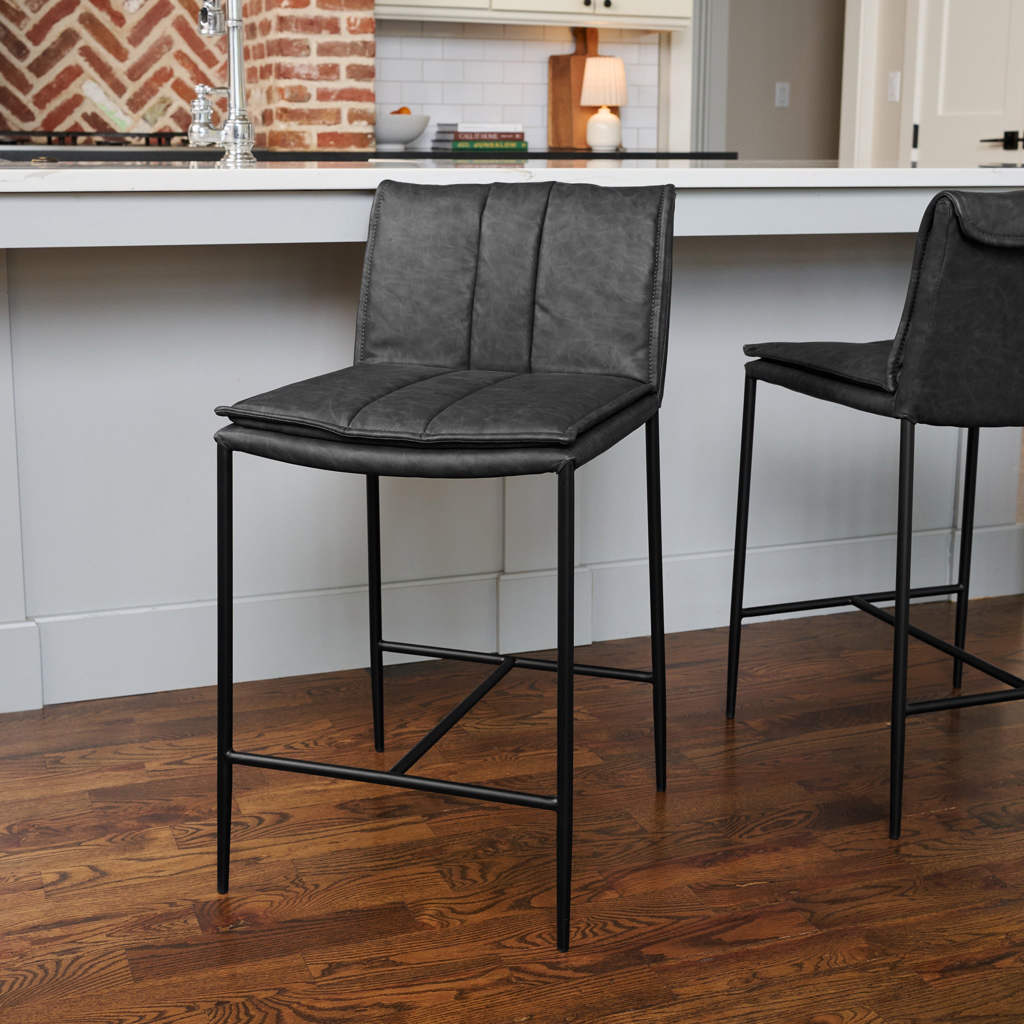 Gerard Counter Stool in Black Finish with Dark Grey Faux Leather in Stools by Maven Lane