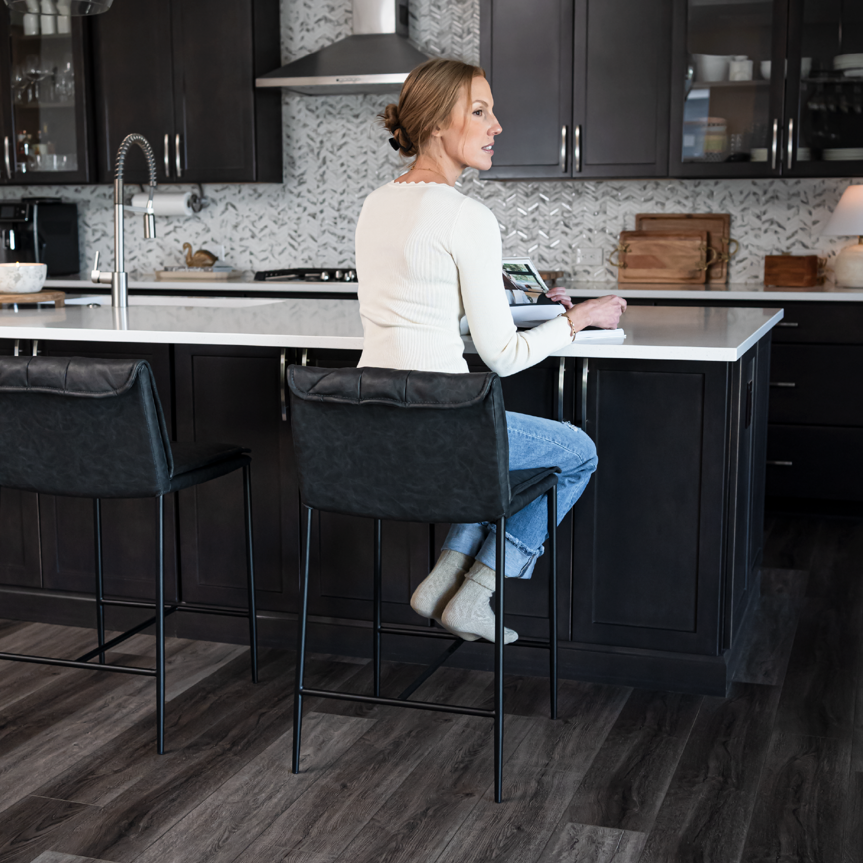 25" Gerard Counter Stool in Black Finish with Dark Grey Faux Leather (Set of 4) in Stools by Maven Lane