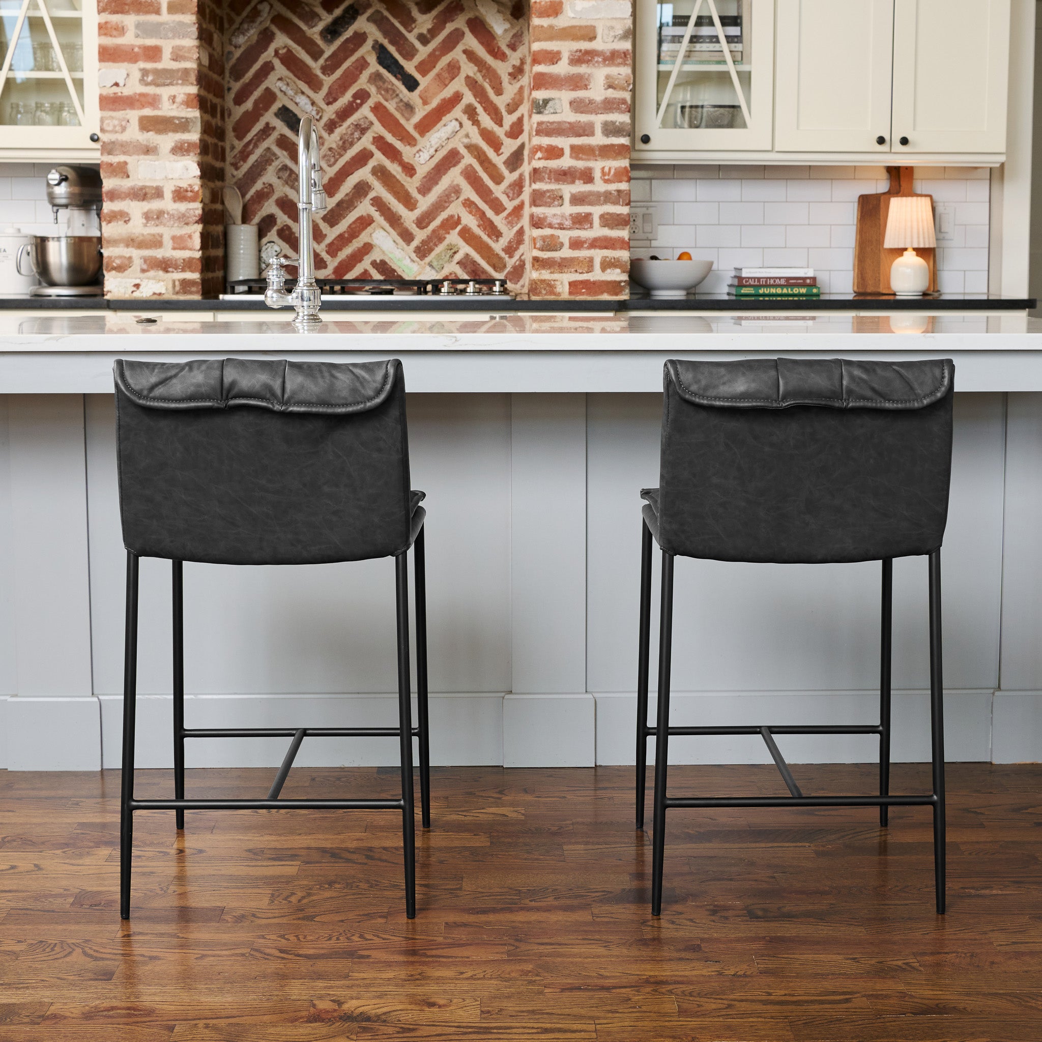 Gerard Counter Stool in Black Finish with Dark Grey Faux Leather in Stools by Maven Lane