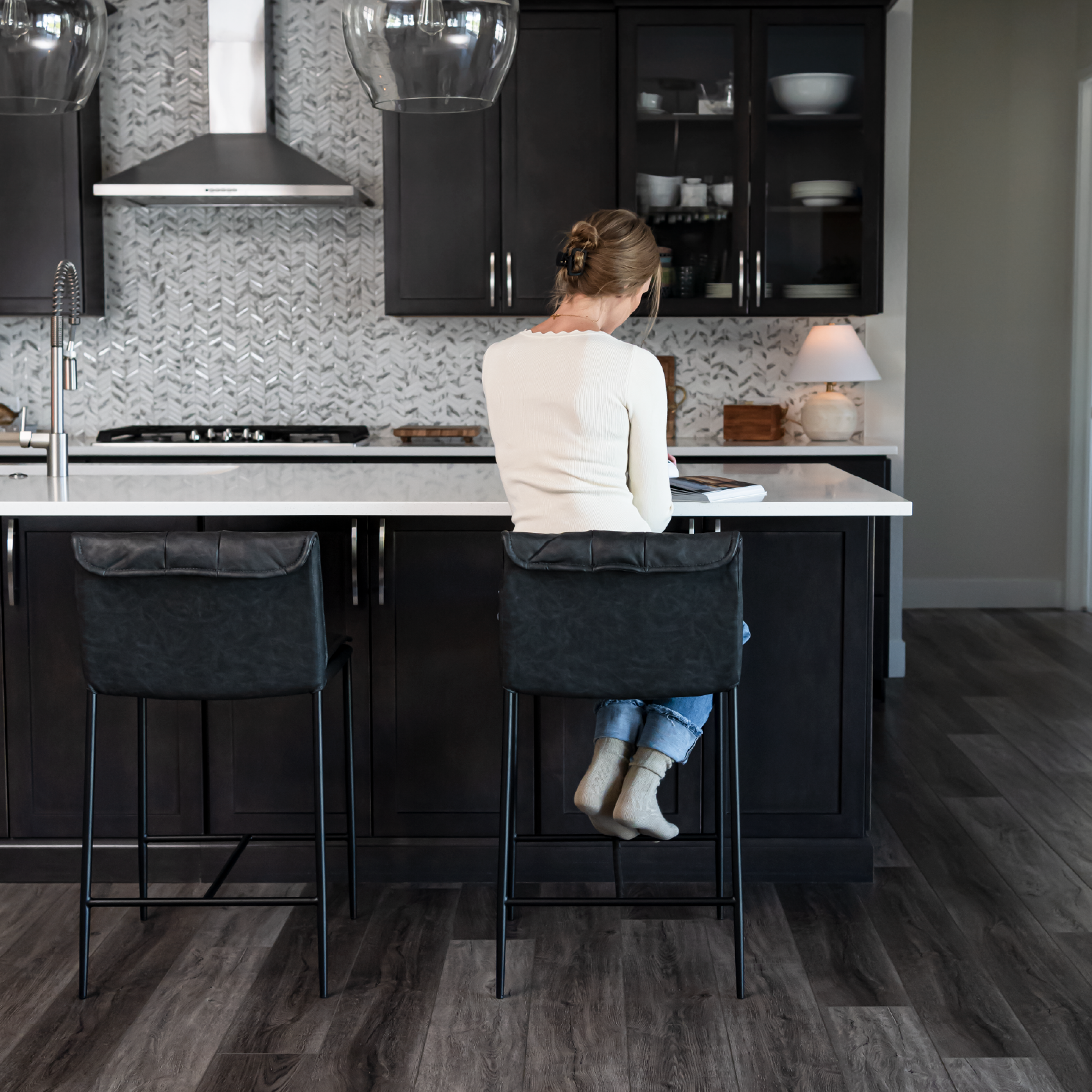 25" Gerard Counter Stool in Black Finish with Dark Grey Faux Leather in Stools by Maven Lane