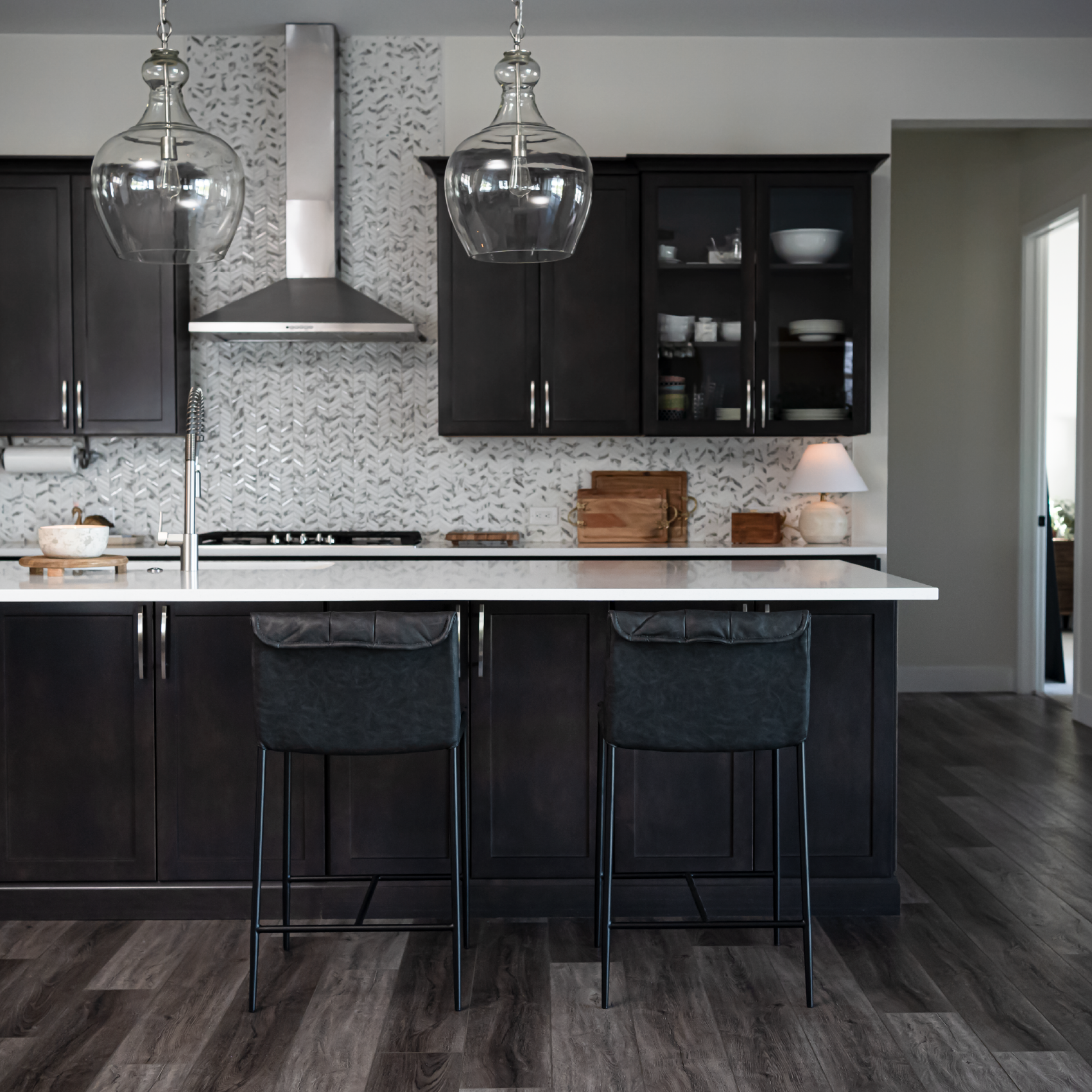 25" Gerard Counter Stool in Black Finish with Dark Grey Faux Leather in Stools by Maven Lane