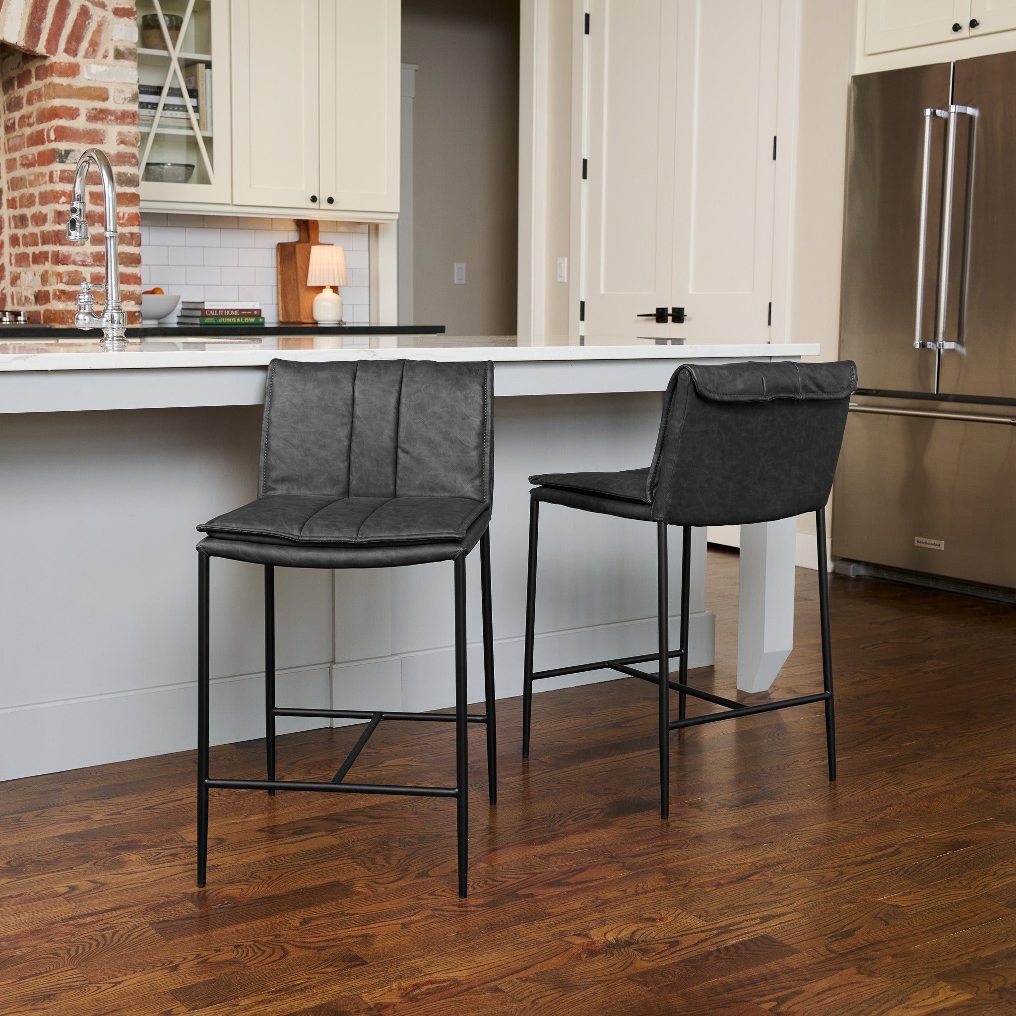 Gerard Counter Stool in Black Finish with Dark Grey Faux Leather in Stools by Maven Lane