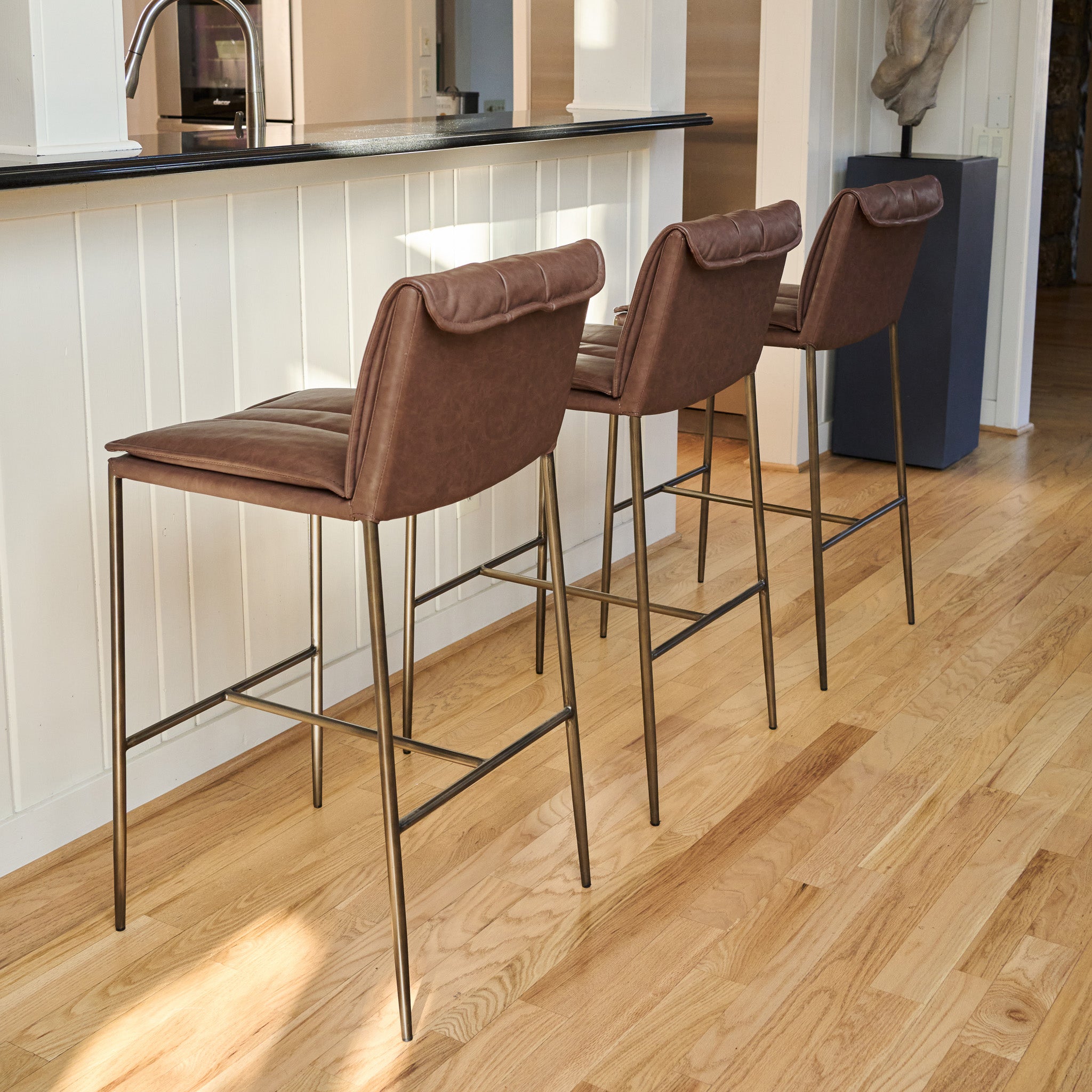 Gerard Bar Stool in Aged Gold Finish with Brown Faux Leather in Stools by Maven Lane