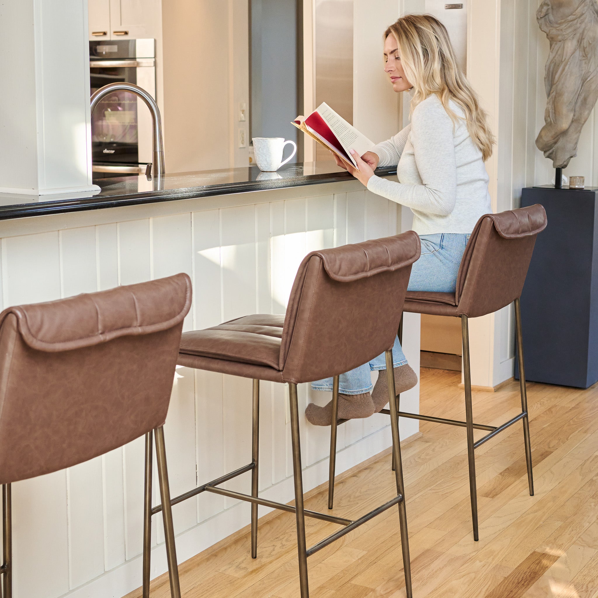 29" Gerard Bar Stool in Aged Gold Finish with Brown Faux Leather (Set of 4) in Stools by Maven Lane