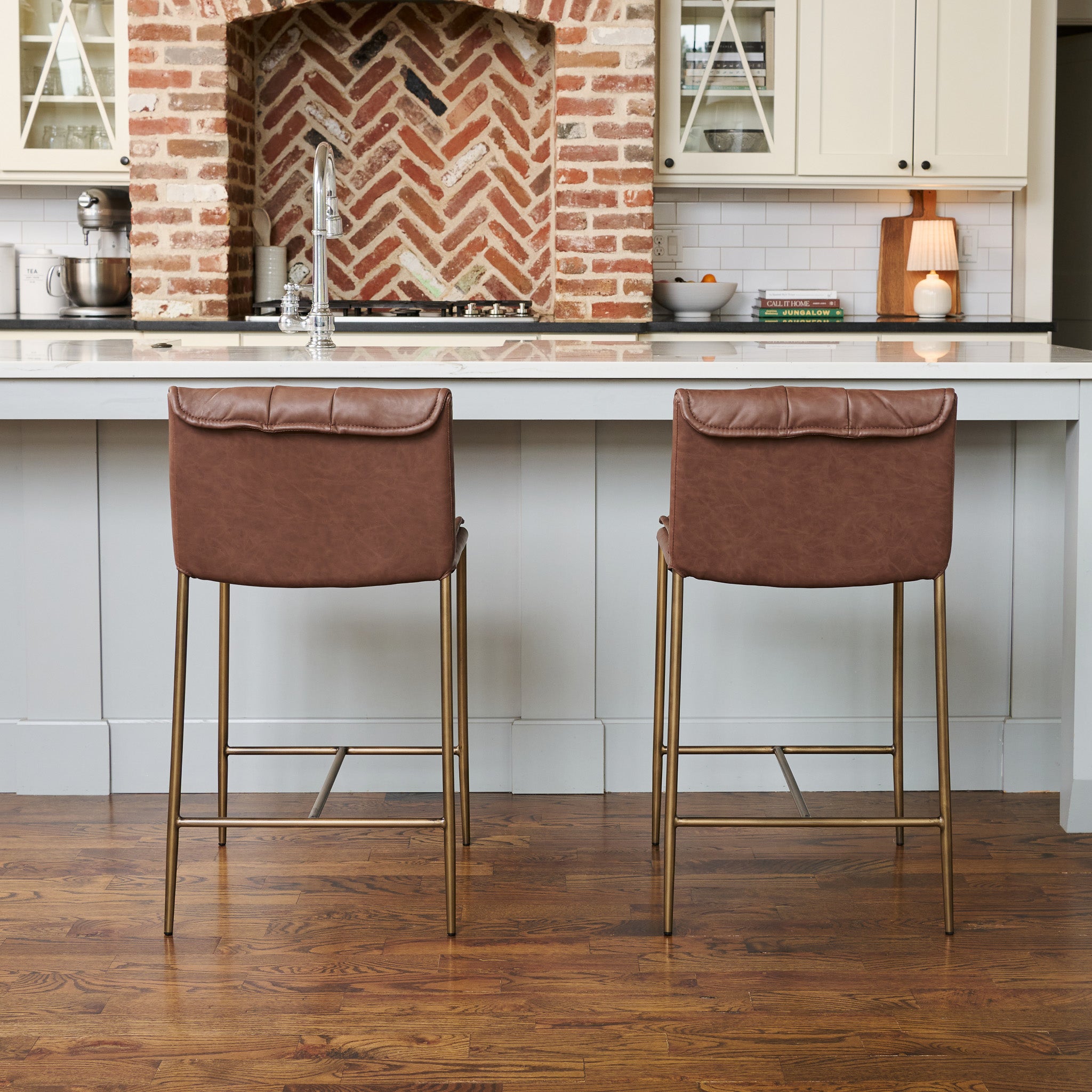 Gerard Counter Stool in Aged Gold Finish with Brown Faux Leather in Stools by Maven Lane