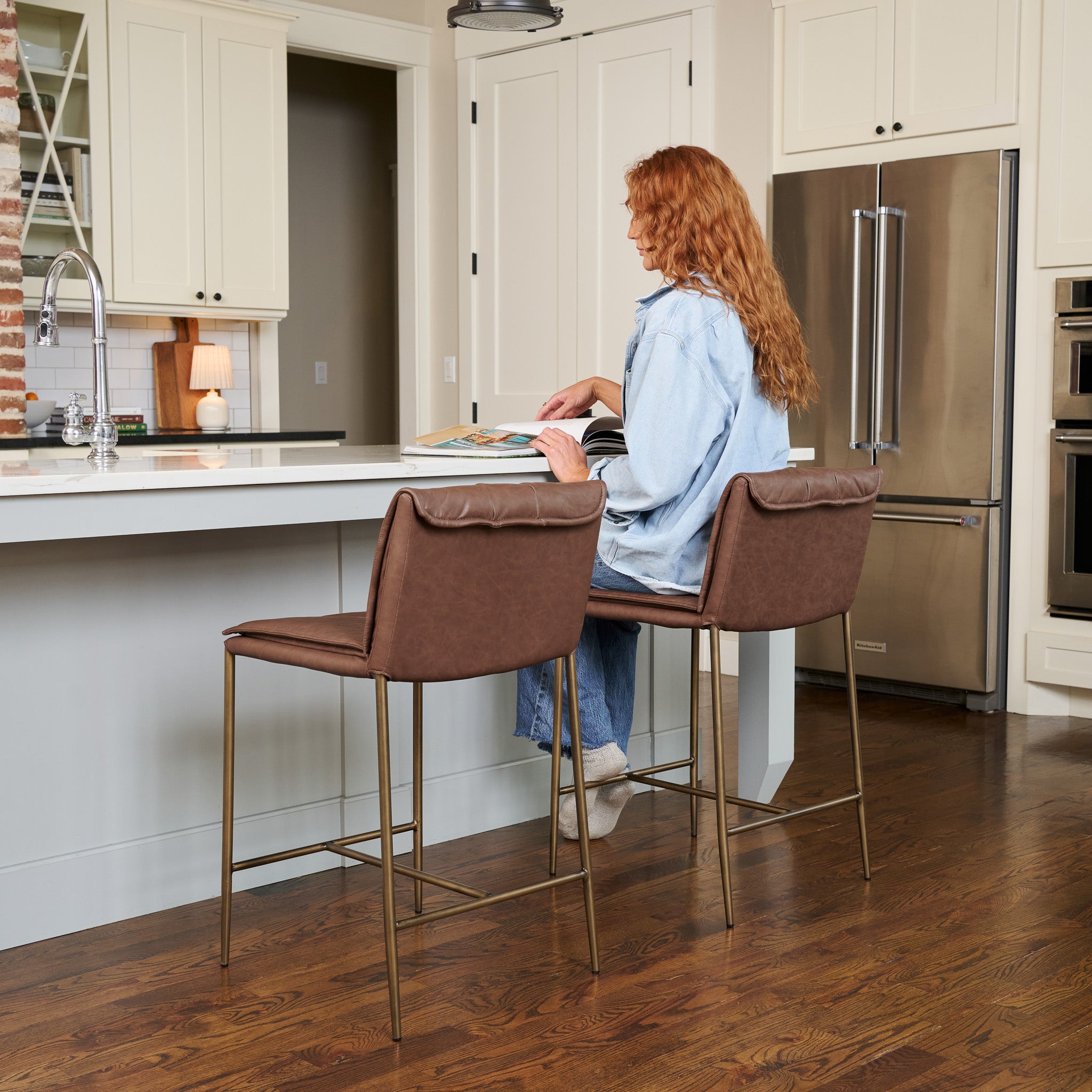 25" Gerard Counter Stool in Aged Gold Finish with Brown Faux Leather (Set of 4) in Stools by Maven Lane