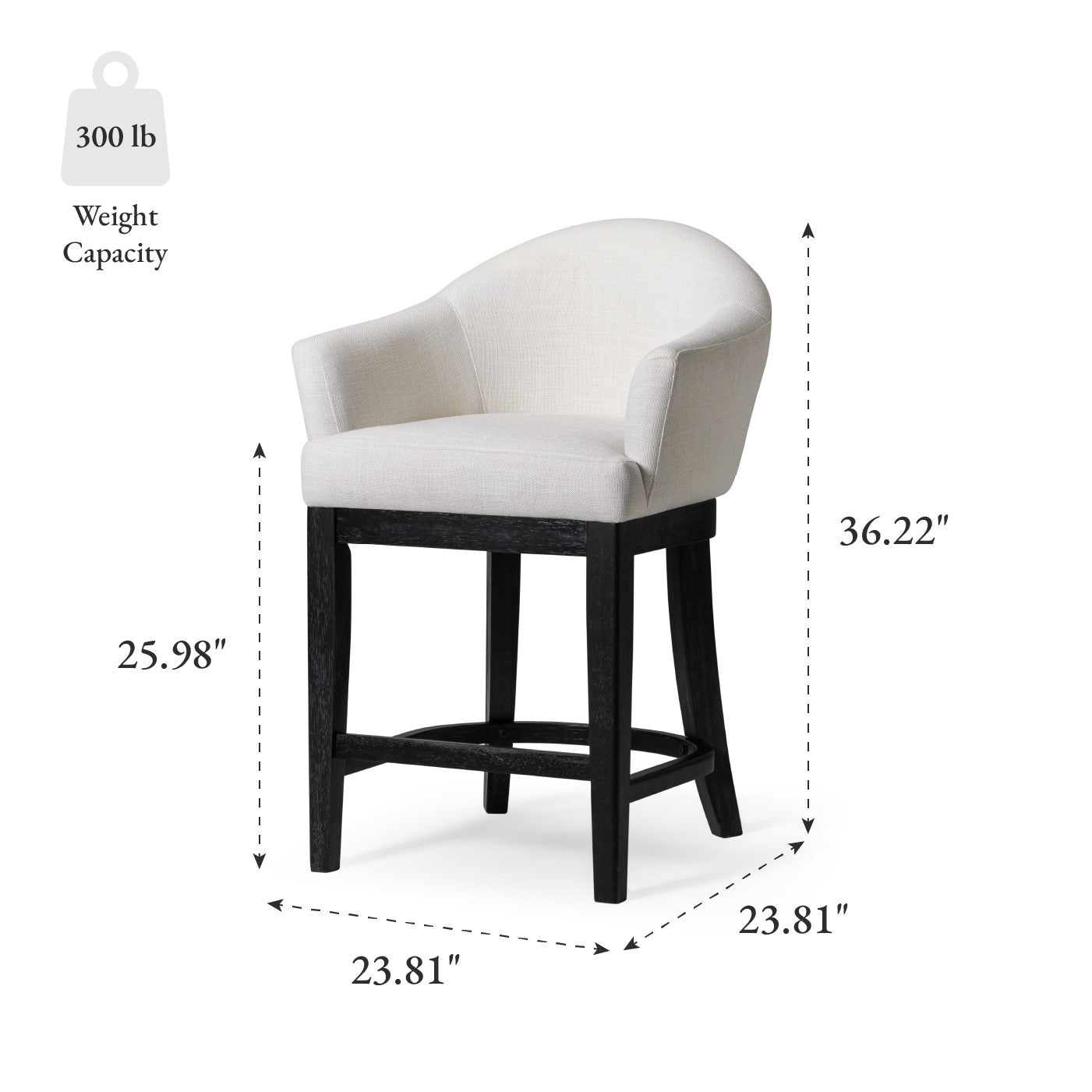 26" Isabella Swivel Counter Stool in Aged Black Finish with Snow White Fabric in Stools by Maven Lane