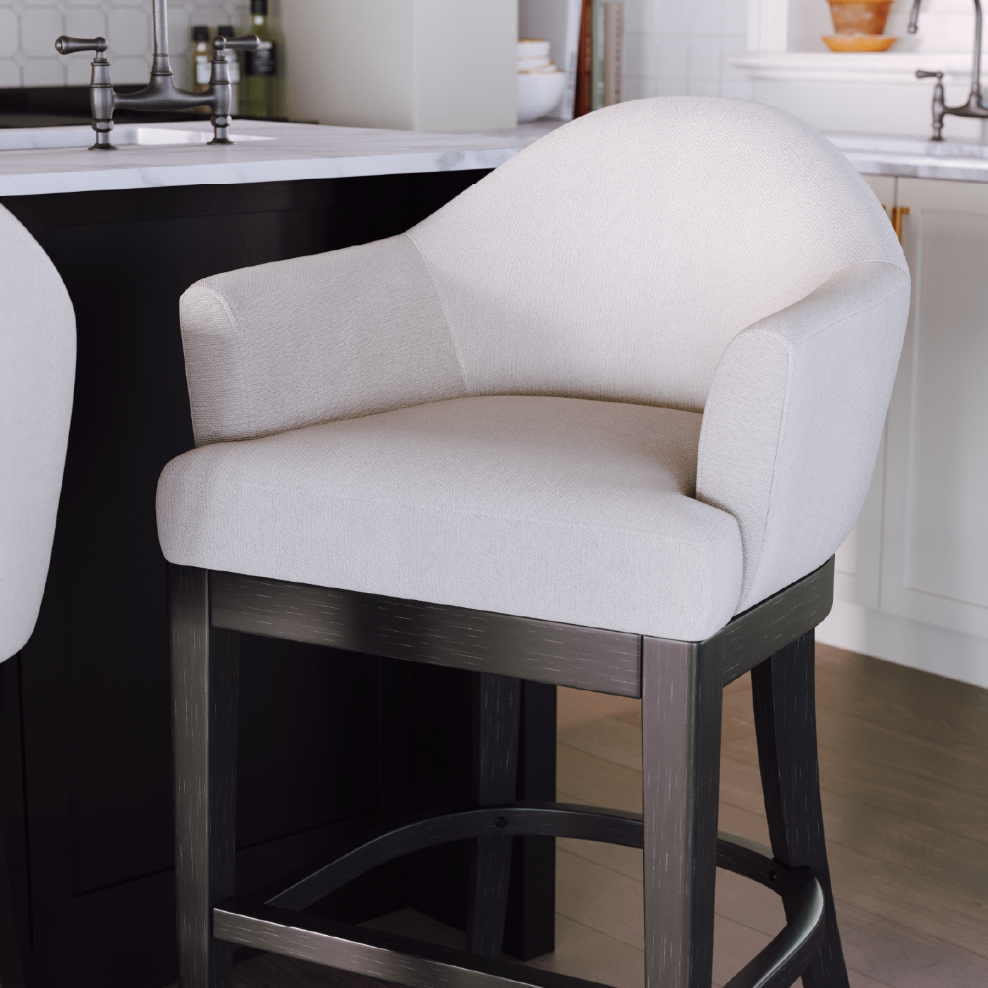 30" Isabella Swivel Bar Stool in Aged Black Finish with Snow White Fabric in Stools by Maven Lane