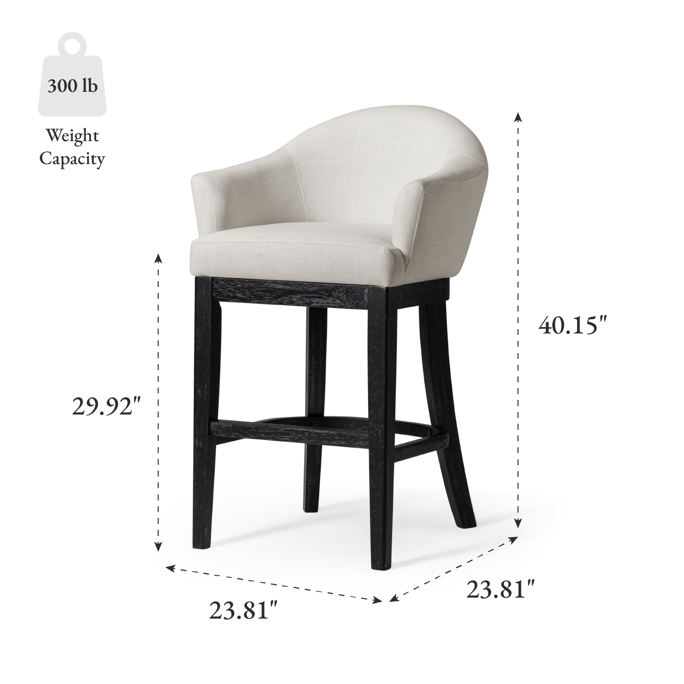 30" Isabella Swivel Bar Stool in Aged Black Finish with Snow White Fabric in Stools by Maven Lane