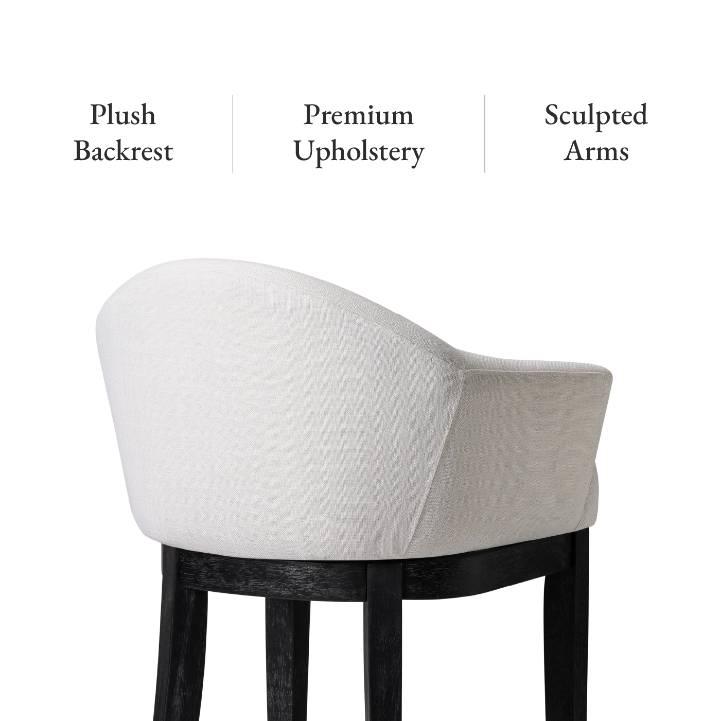 30" Isabella Swivel Bar Stool in Aged Black Finish with Snow White Fabric in Stools by Maven Lane
