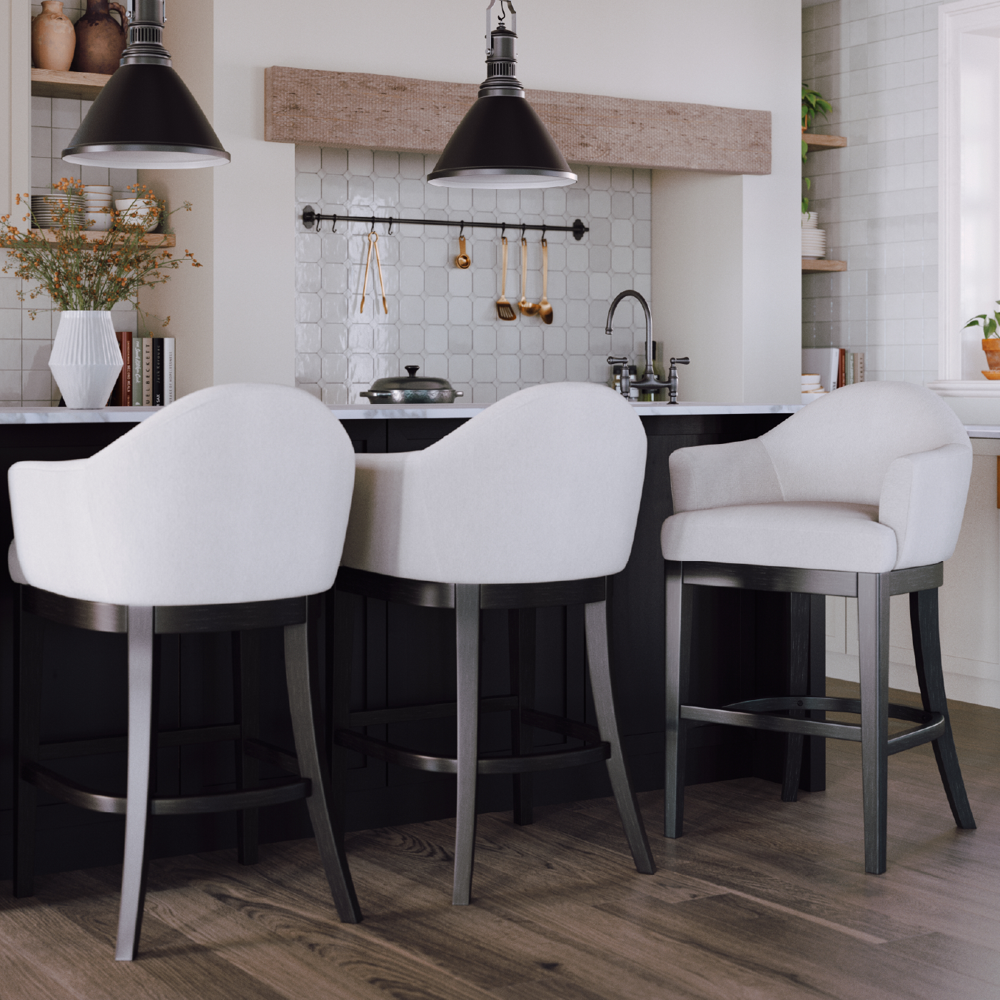 30" Isabella Swivel Bar Stool in Aged Black Finish with Snow White Fabric in Stools by Maven Lane