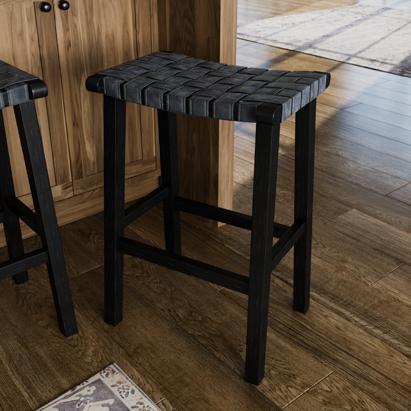 31" Noah Backless Bar Stool In Black Finish & Dark Grey Woven Faux Leather Seat in Stools by Maven Lane