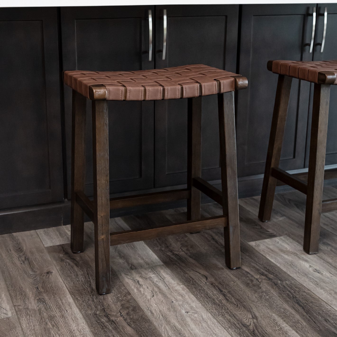 26" Noah Backless Counter Stool In Brown Finish & Brown Woven Faux Leather Seat (Set of 4) in Stools by Maven Lane