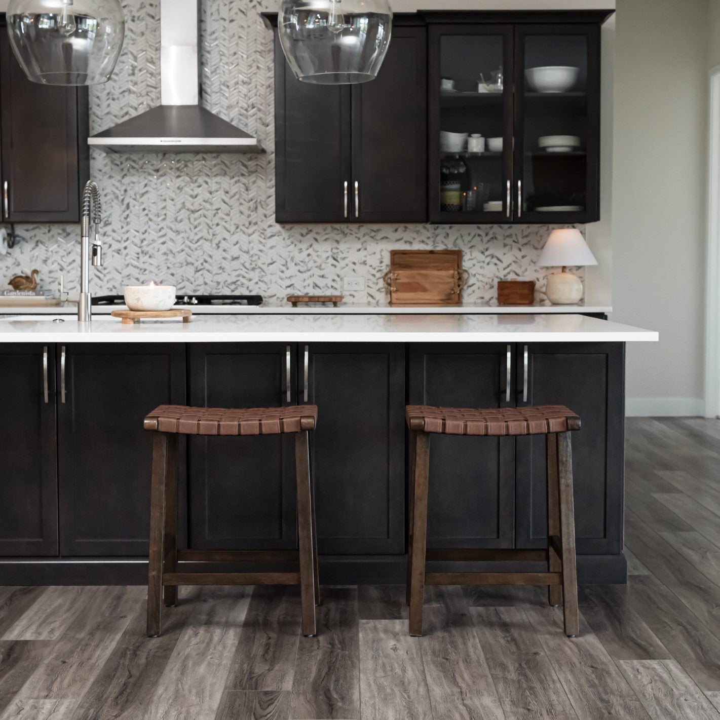 26" Noah Backless Counter Stool In Brown Finish & Brown Woven Faux Leather Seat (Set of 4) in Stools by Maven Lane