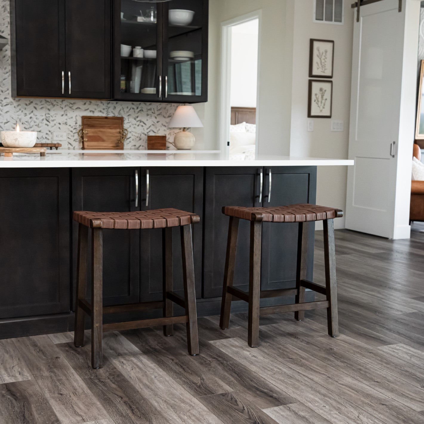26" Noah Backless Counter Stool In Brown Finish & Brown Woven Faux Leather Seat (Set of 4) in Stools by Maven Lane