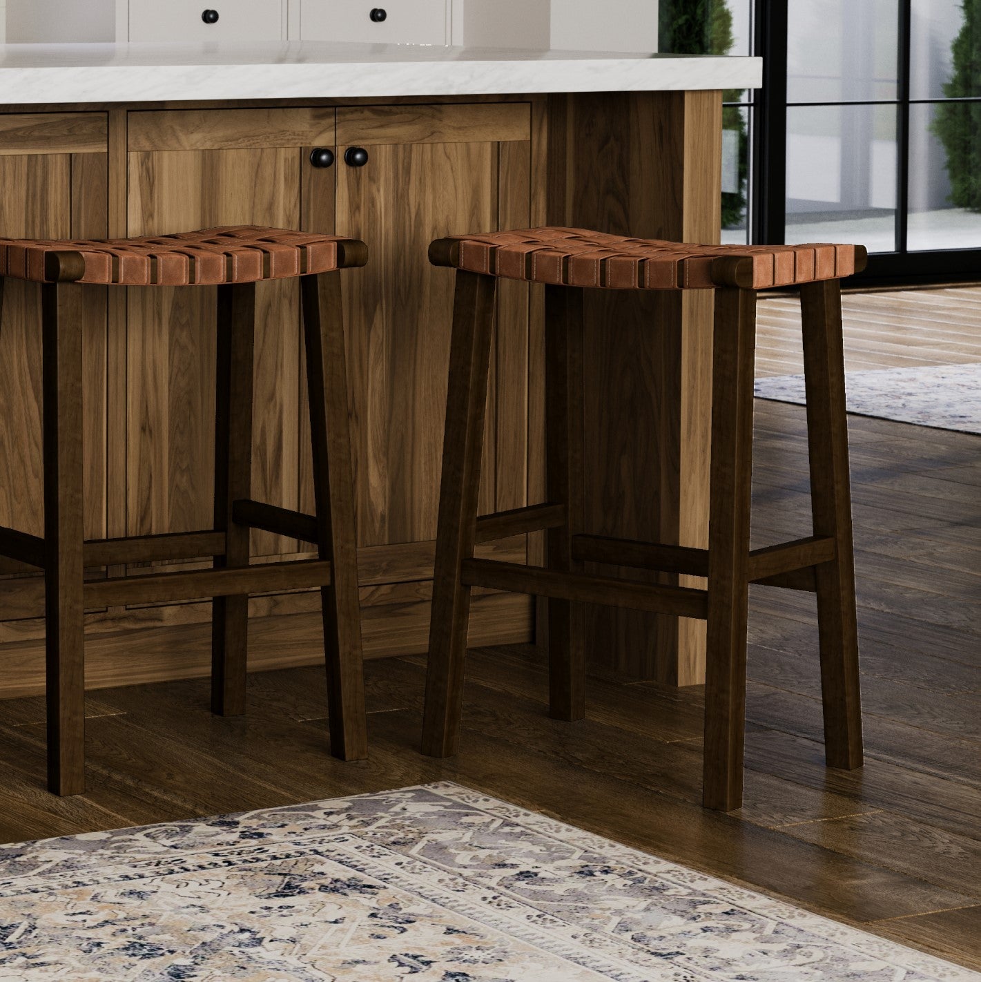 Noah Backless Bar Stool In Brown Finish & Brown Woven Faux Leather Seat in Stools by Maven Lane