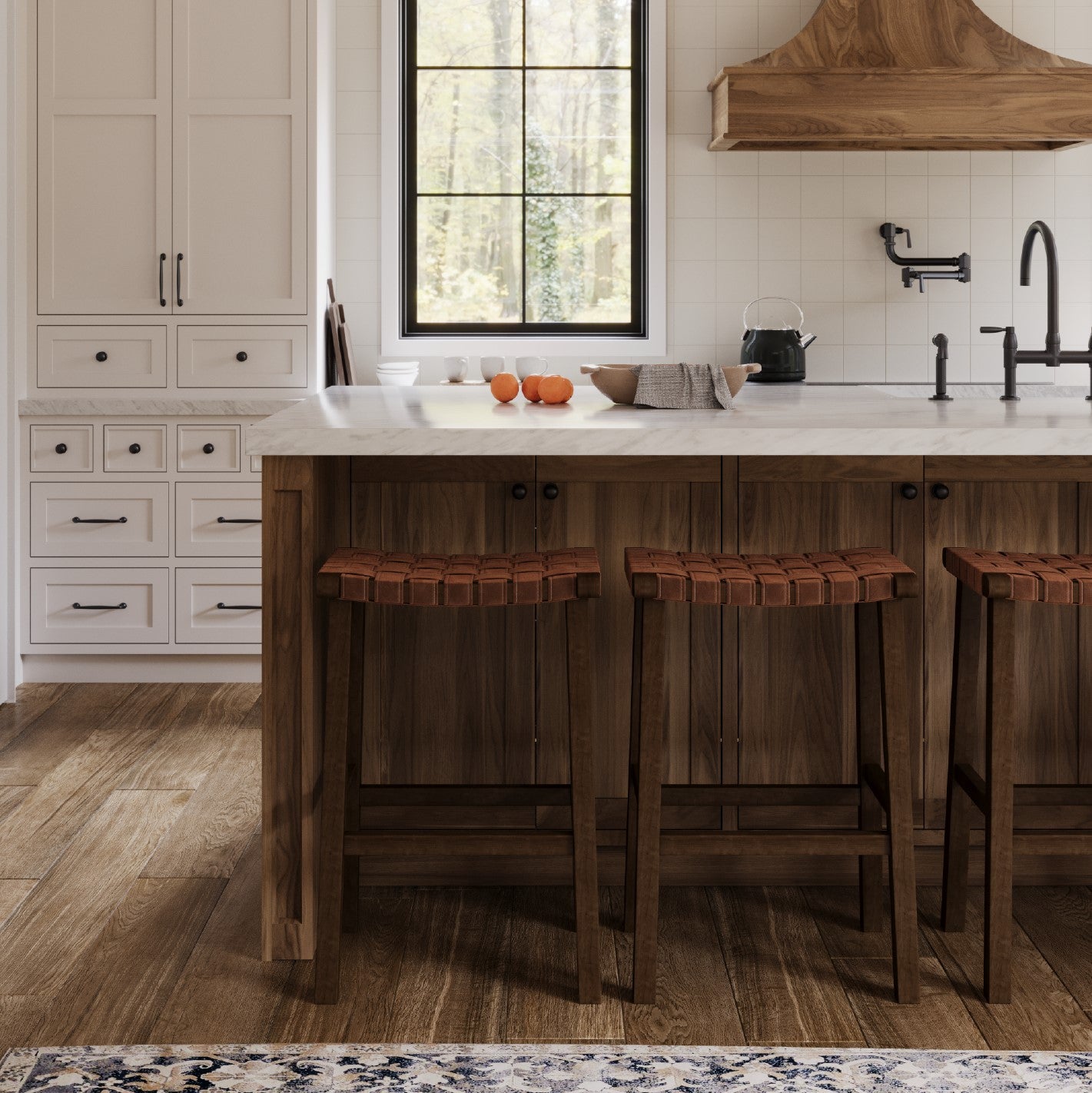 31" Noah Backless Bar Stool In Brown Finish & Brown Woven Faux Leather Seat (Set of 4) in Stools by Maven Lane