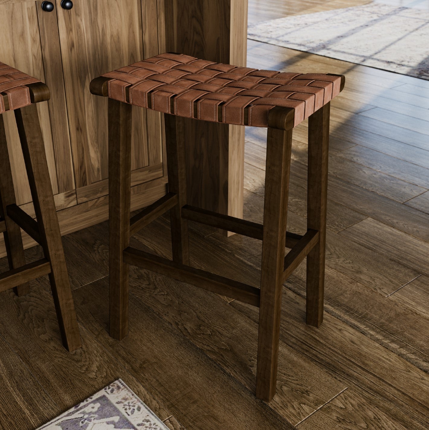 31" Noah Backless Bar Stool In Brown Finish & Brown Woven Faux Leather Seat in Stools by Maven Lane