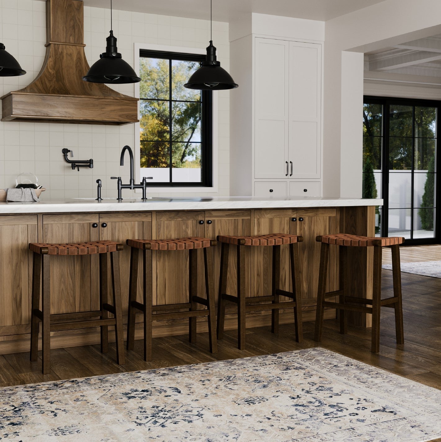 Noah Backless Bar Stool In Brown Finish & Brown Woven Faux Leather Seat in Stools by Maven Lane