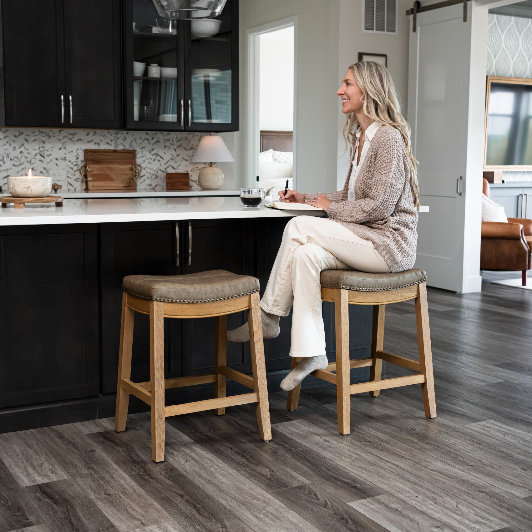 26" Sophia Counter Stool in Natural Finish with Dark Tan Faux Leather Upholstery in Stools by Maven Lane