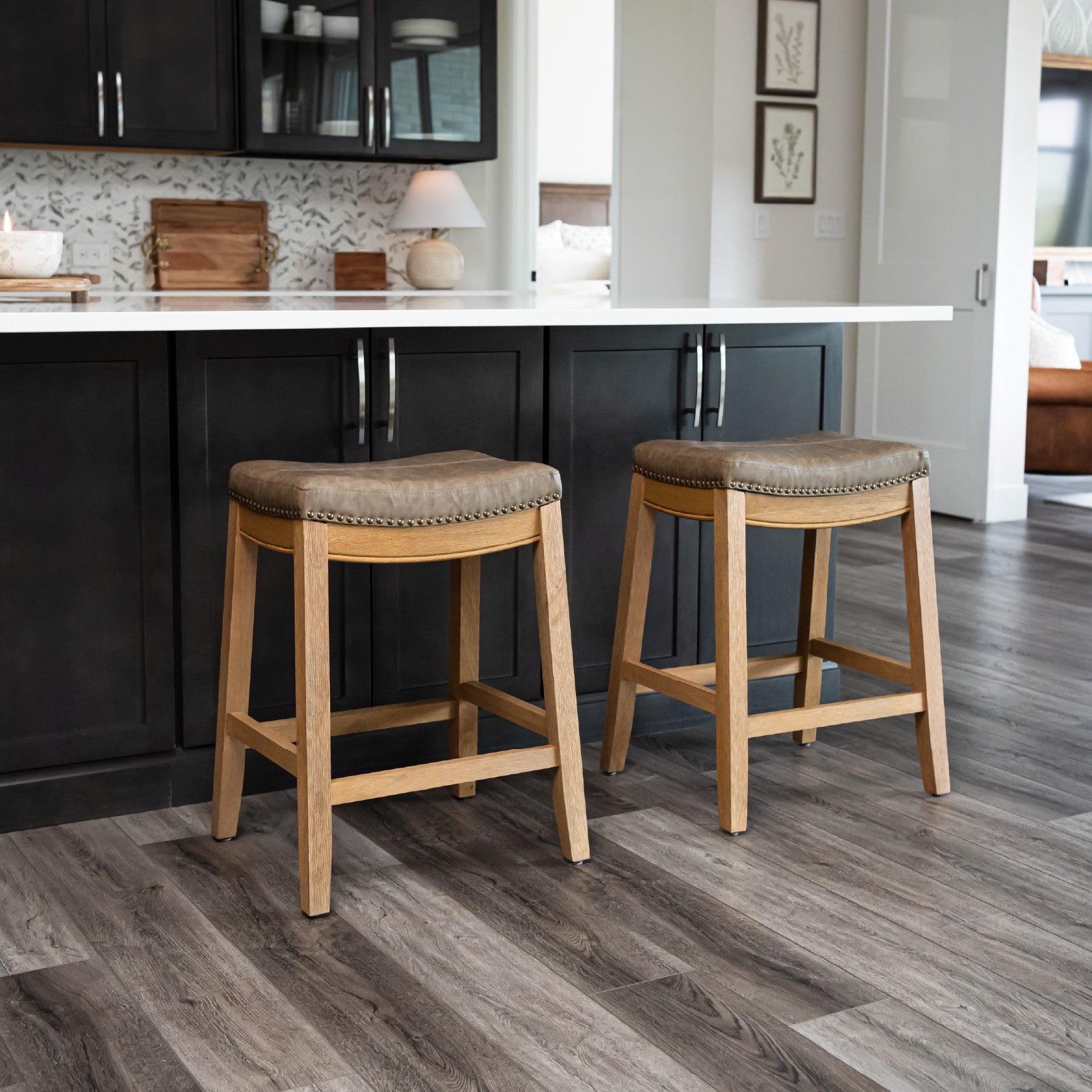 26" Sophia Counter Stool in Natural Finish with Dark Tan Faux Leather Upholstery in Stools by Maven Lane