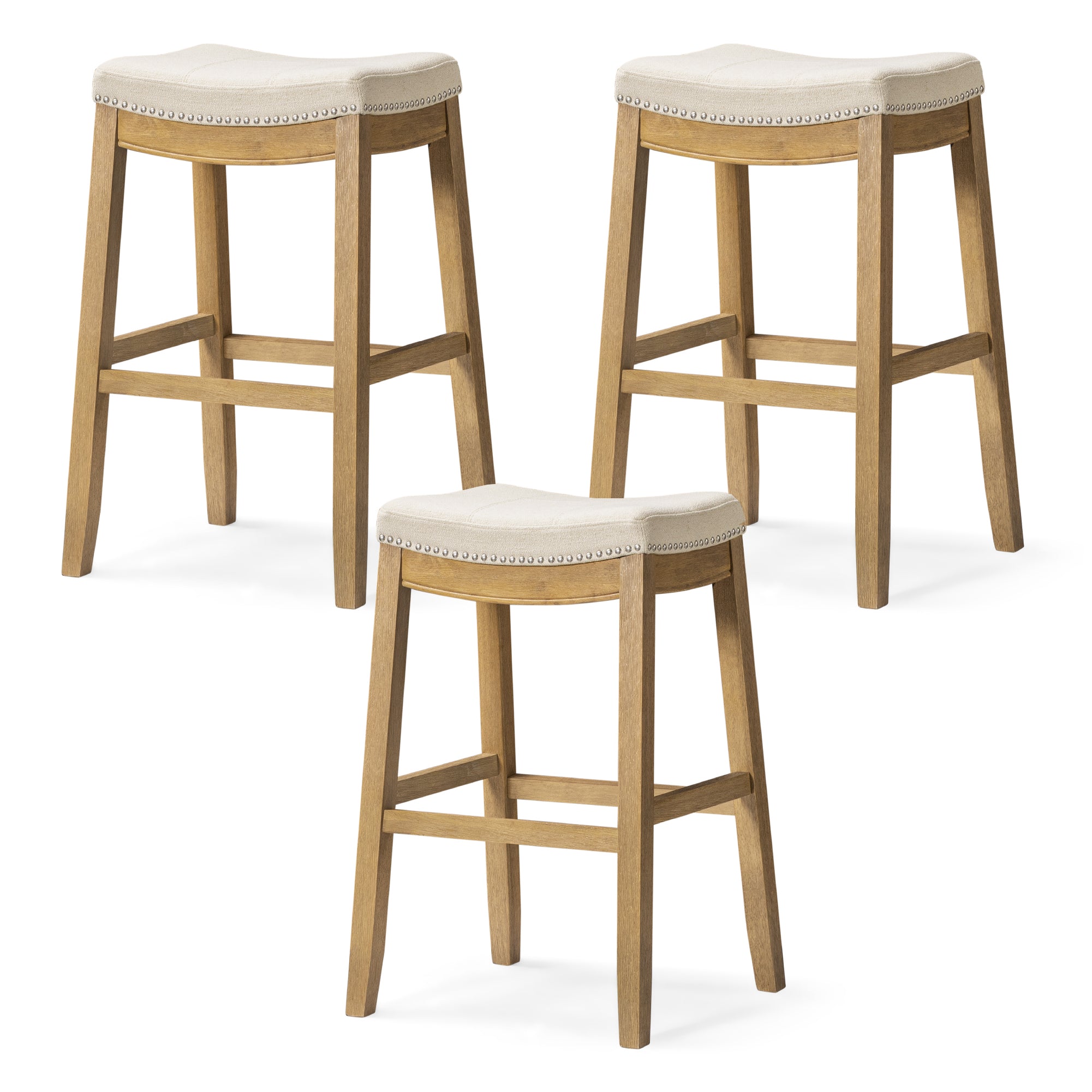 31" Sophia Bar Stool in Natural Finish with Beige Fabric Upholstery (Set of 3) in by Maven Lane