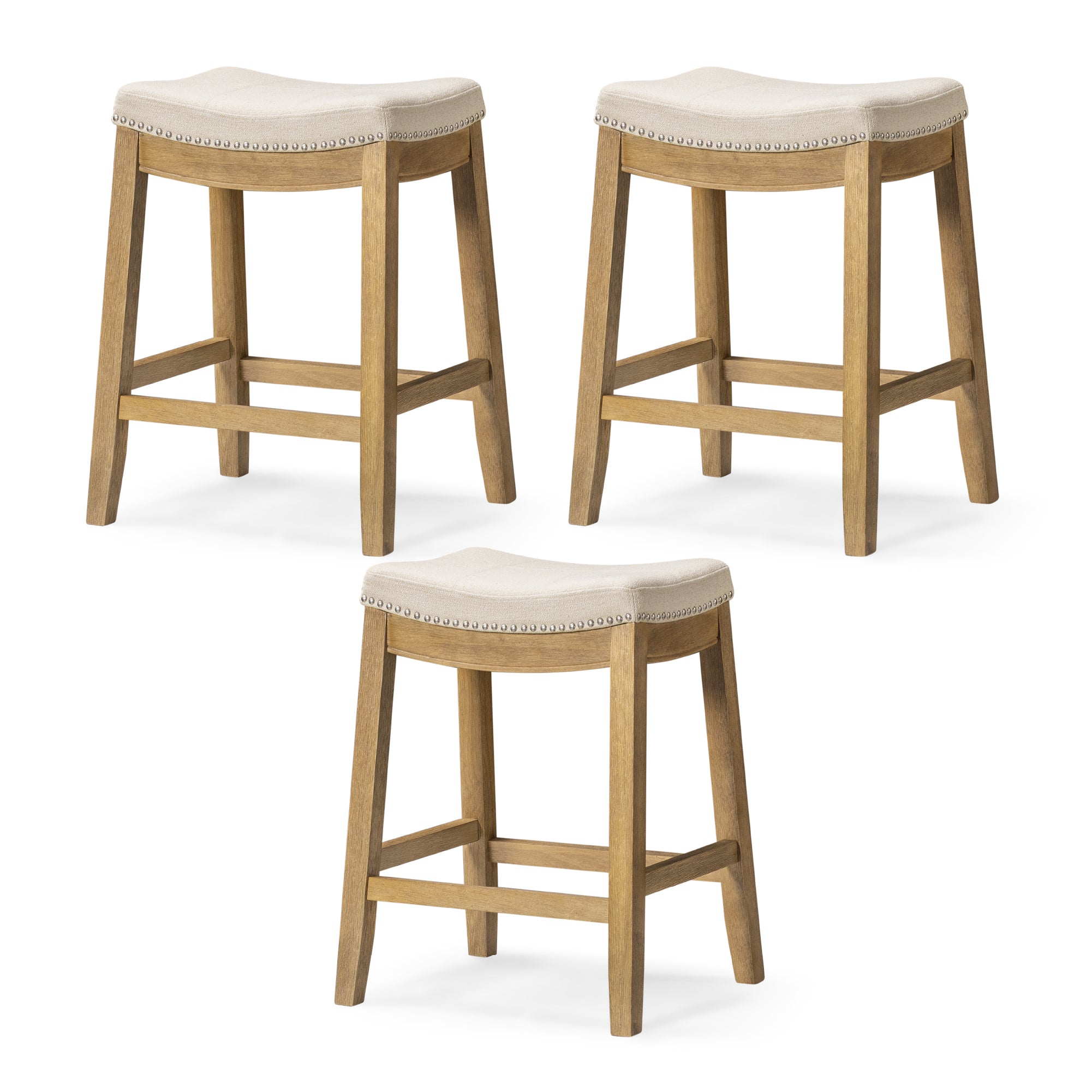 26" Sophia Counter Stool in Natural Finish with Beige Fabric Upholstery (Set of 3) in by Maven Lane
