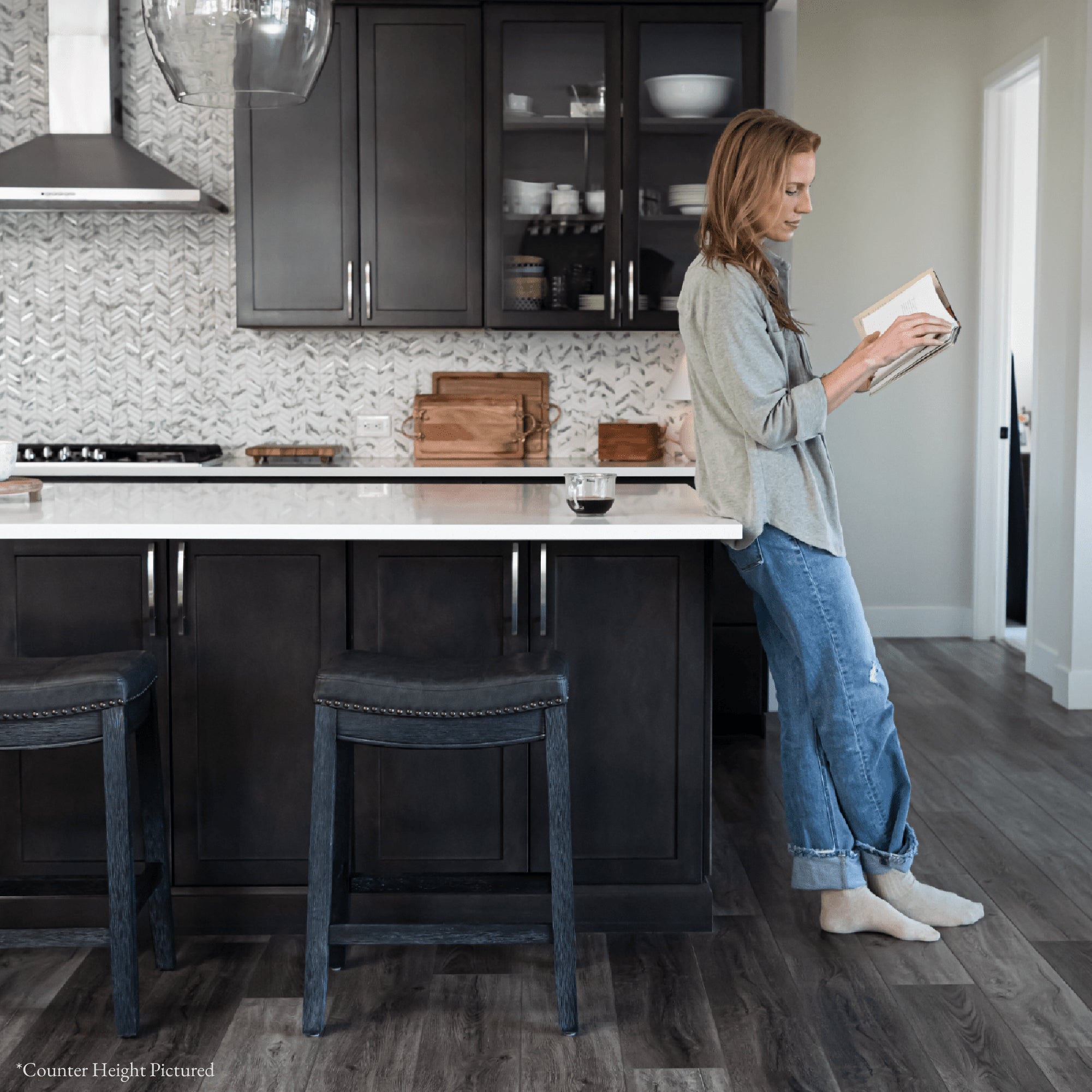 Sophia Bar Stool in Black Finish with Dark Grey Faux Leather Seat in Stools by Maven Lane