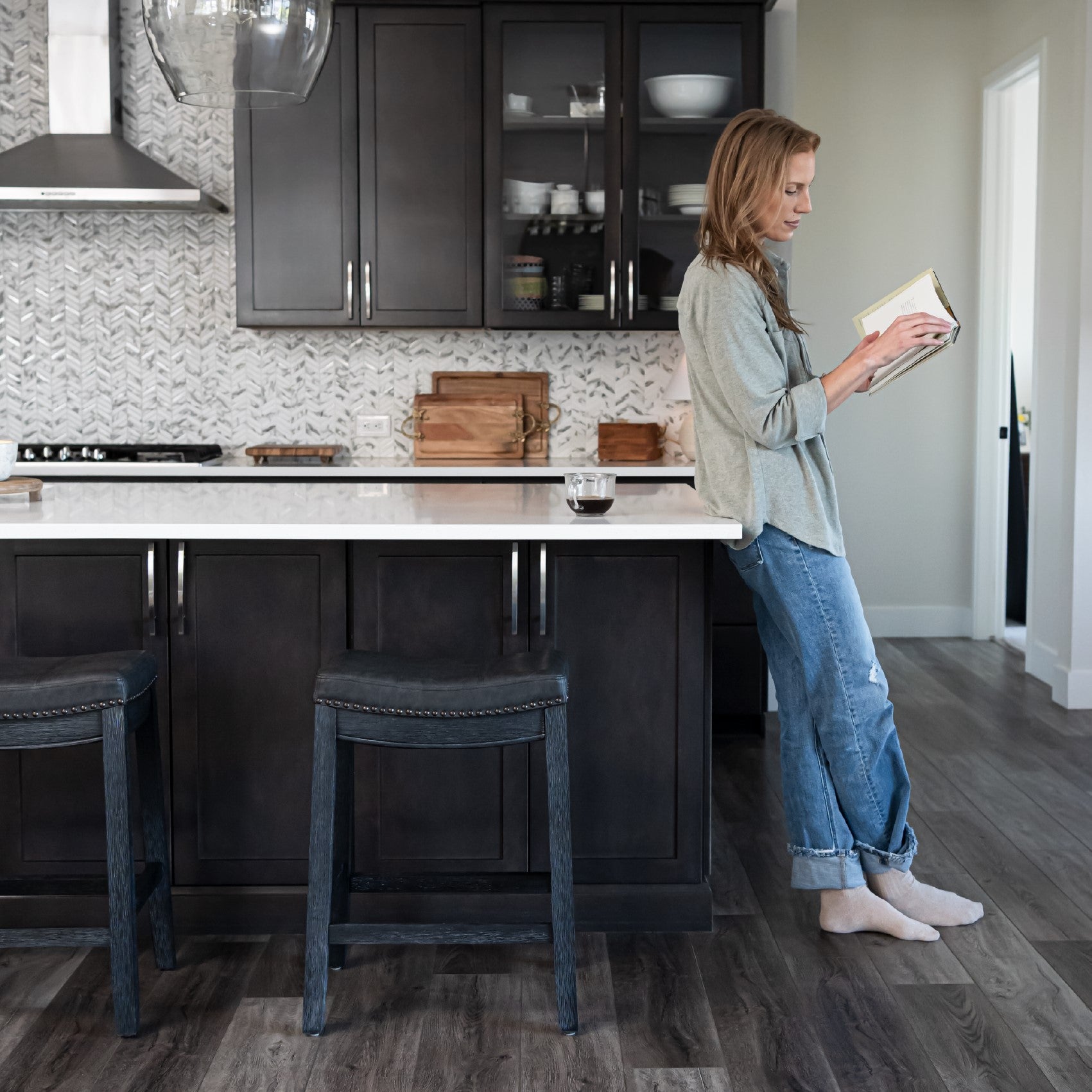 26" Sophia Counter Stool in Black Finish with Dark Grey Faux Leather in Stools by Maven Lane