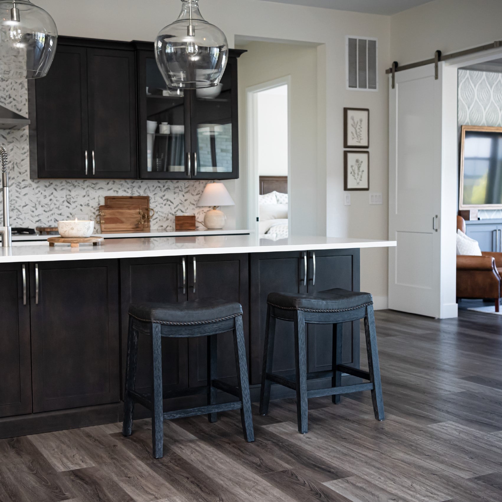 26" Sophia Counter Stool in Black Finish with Dark Grey Faux Leather in Stools by Maven Lane