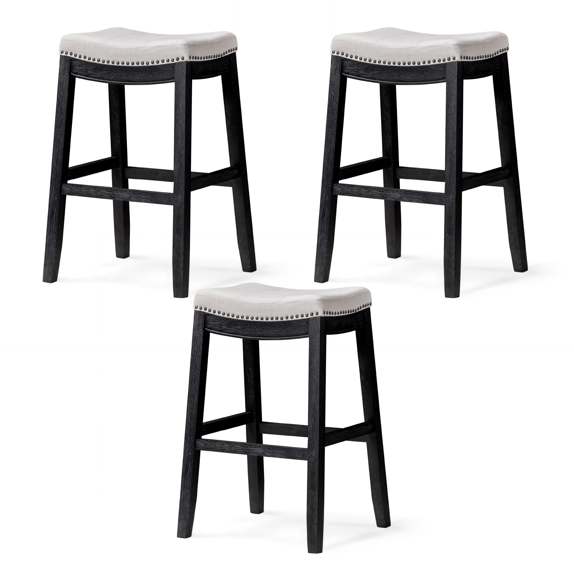 31" Sophia Bar Stool in Black Finish with White Fabric Upholstery (Set of 3) in by Maven Lane
