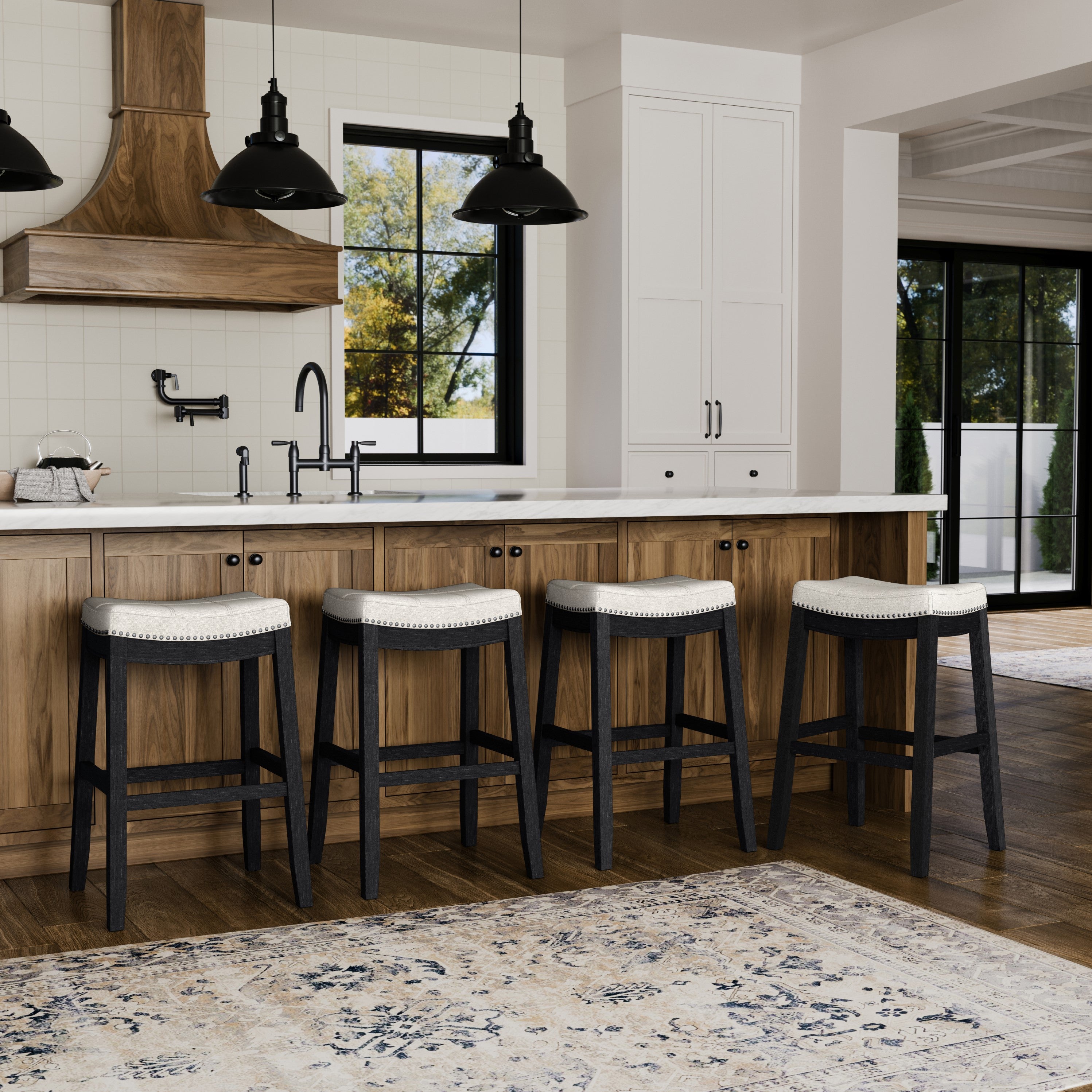 31" Sophia Bar Stool in Black Finish with White Fabric Upholstery in Stools by Maven Lane