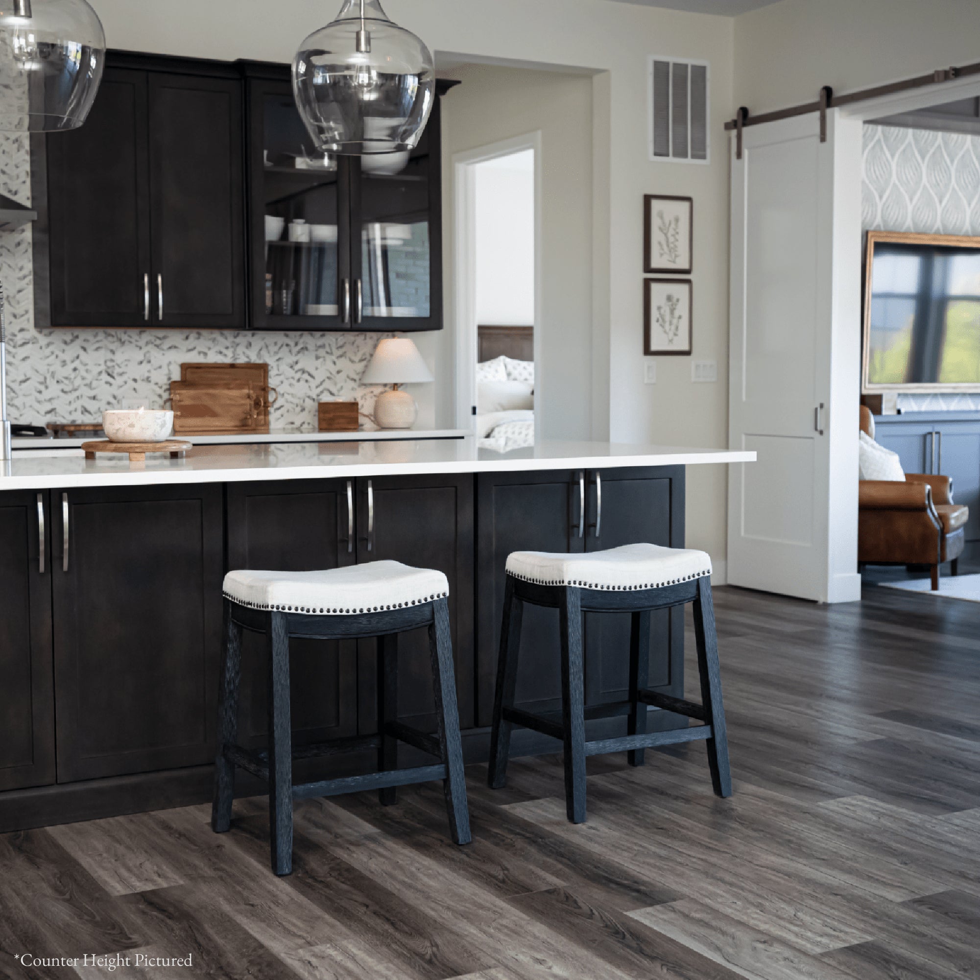 31" Sophia Bar Stool in Black Finish with White Fabric Upholstery in Stools by Maven Lane