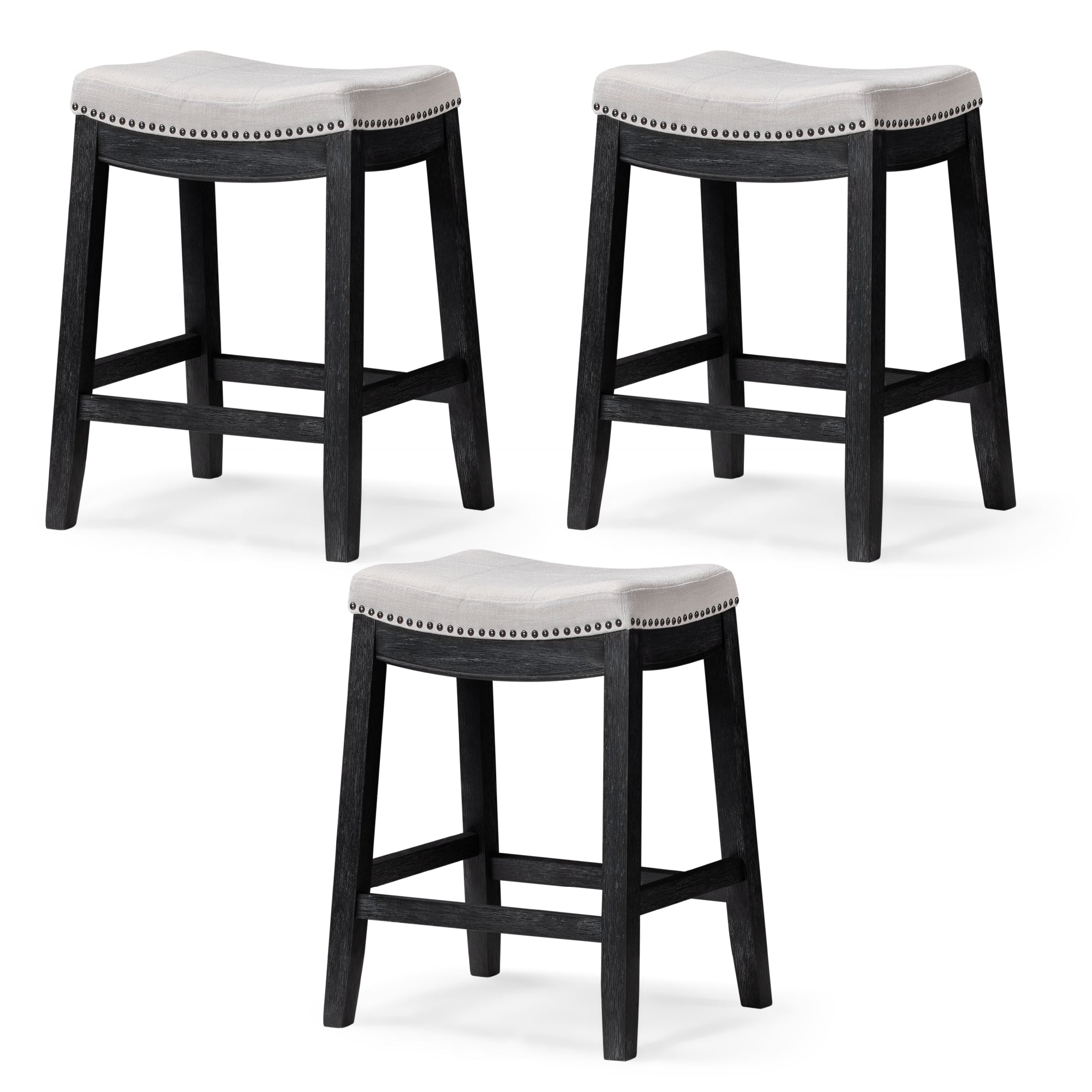 26" Sophia Counter Stool in Black Finish with White Fabric Upholstery (Set of 3) in by Maven Lane