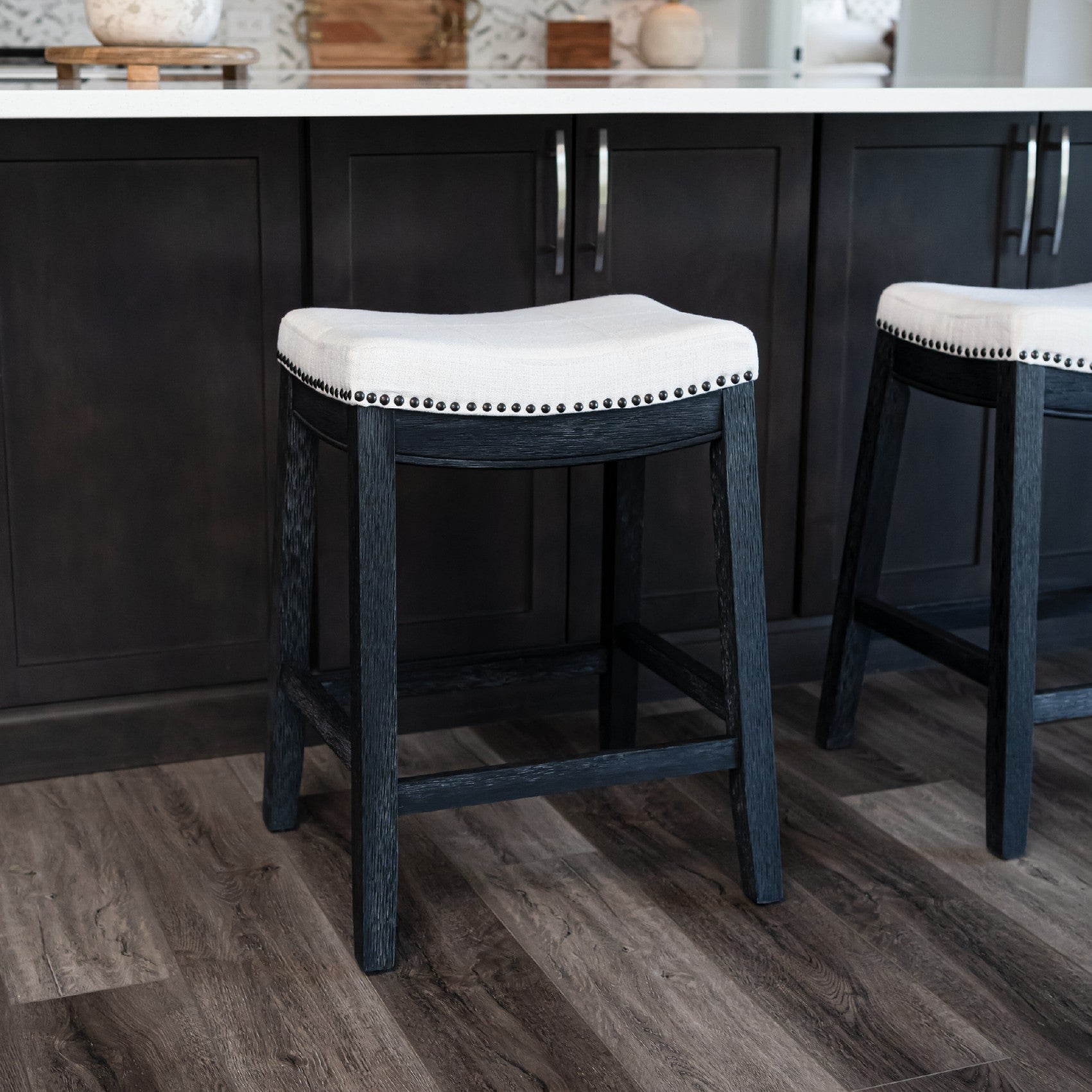 Sophia Counter Stool in Black Finish with White Fabric Upholstery in Stools by Maven Lane