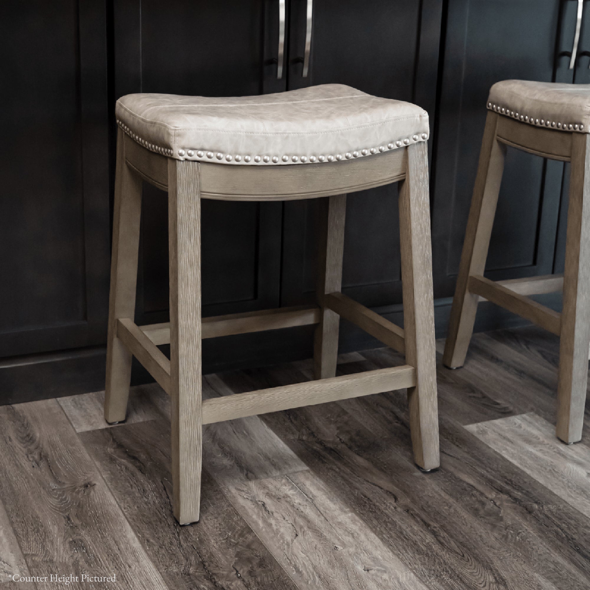 31" Sophia Bar Stool in Grey Finish and Grey Faux Leather Upholstery in Stools by Maven Lane