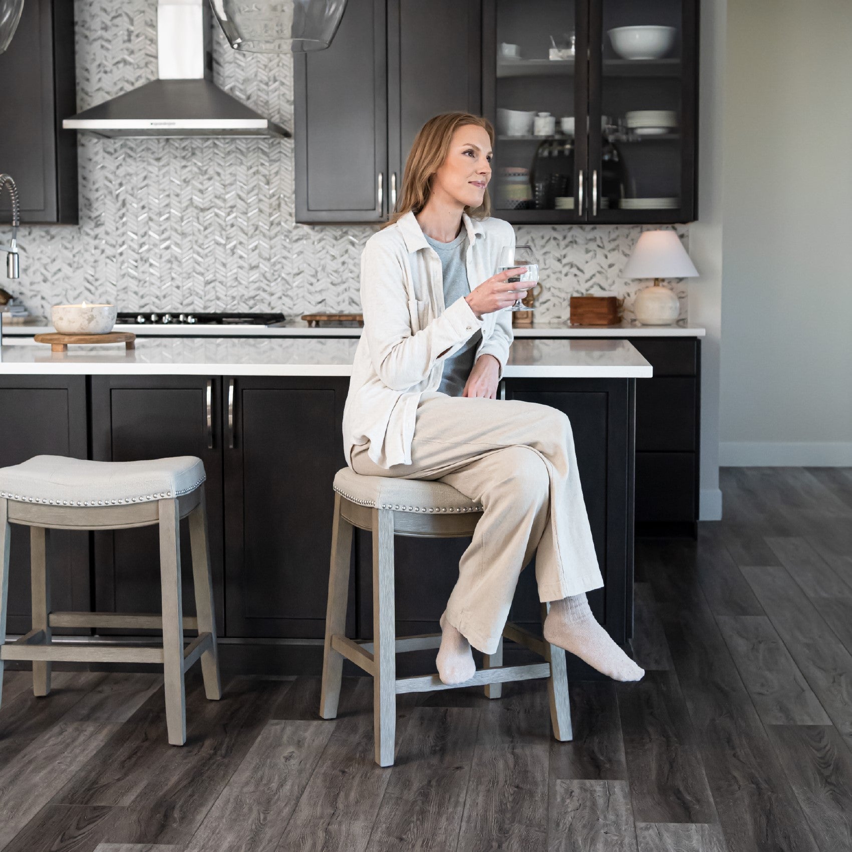 26" Sophia Counter Stool in Grey Finish and Grey Fabric Upholstery in Stools by Maven Lane