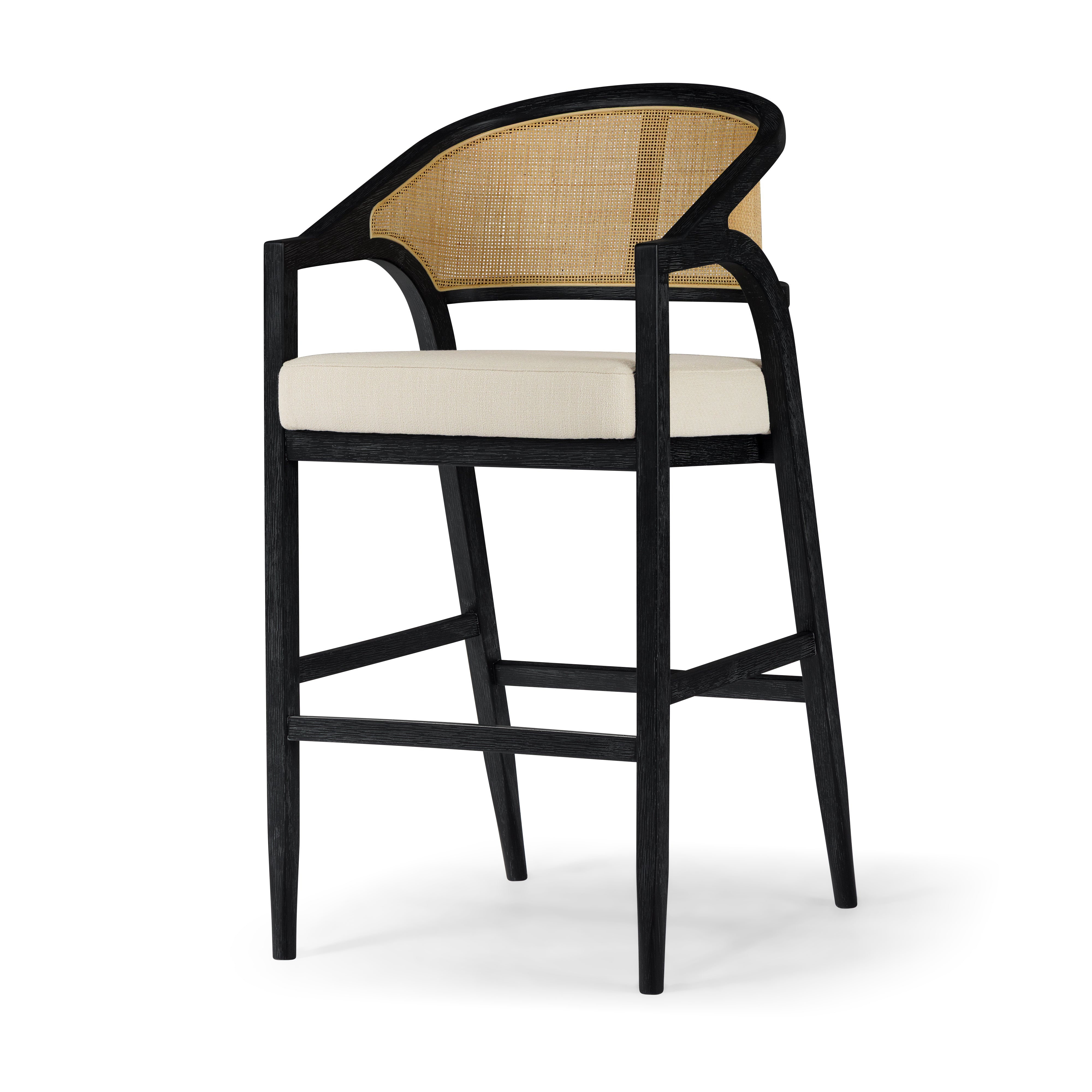 Chloe Bar Stool in Black Finish with Beige Fabric Upholstery and Natural Rattan Back in Stools by Maven Lane