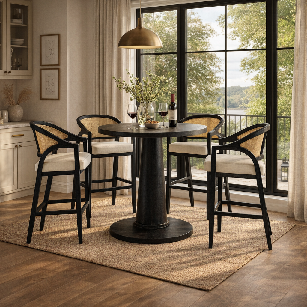 31" Chloe Bar Stool in Black Finish with Beige Fabric Upholstery and Natural Rattan Back in Maven Lane by Maven Lane