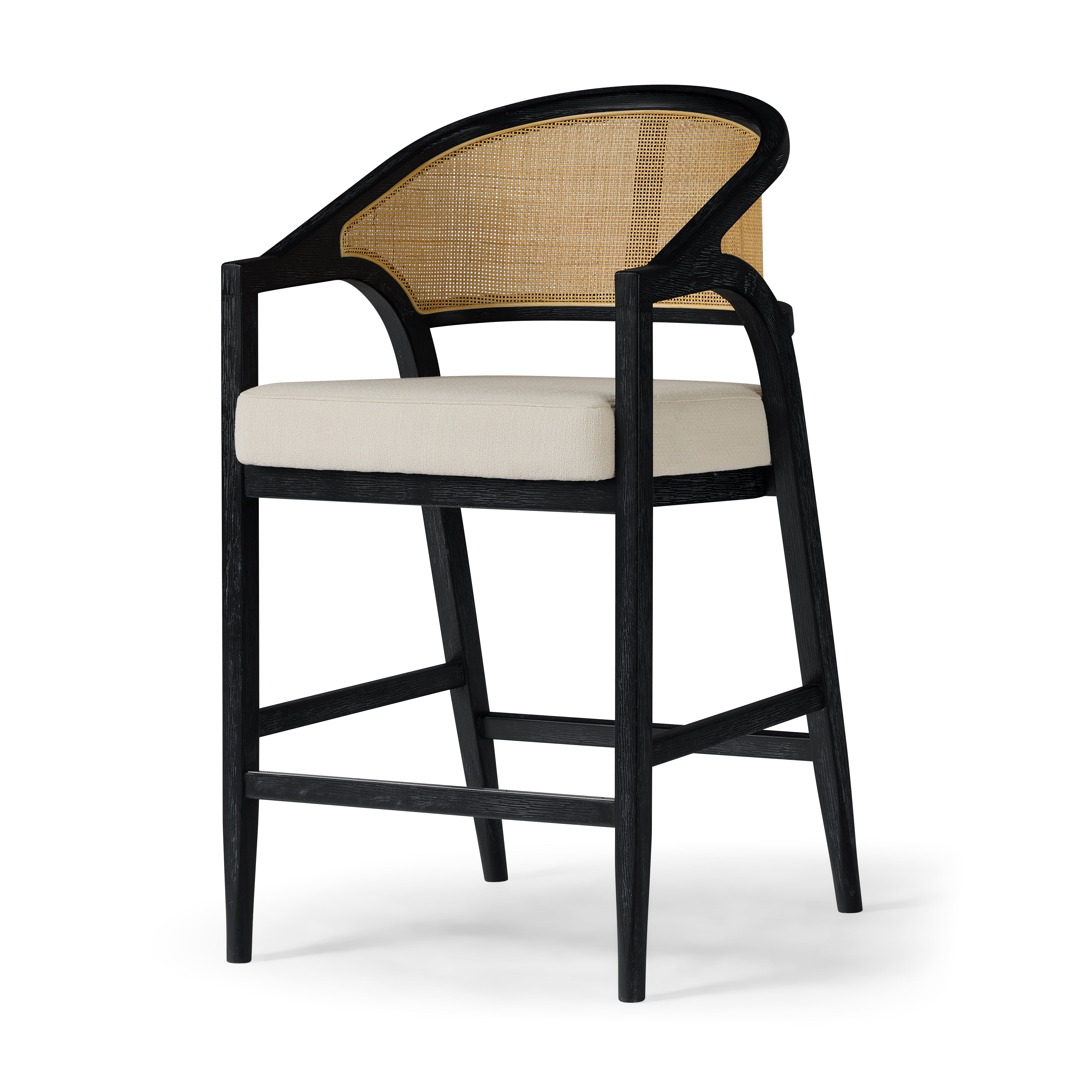 Chloe Counter Stool in Black Finish with Beige Fabric Upholstery and Natural Rattan Back in Stools by Maven Lane