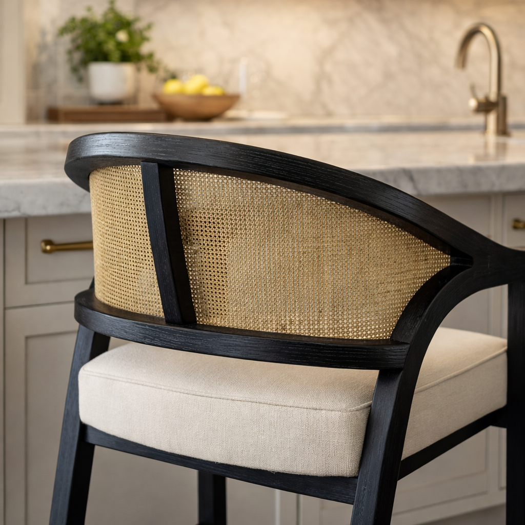 Chloe Counter Stool in Black Finish with Beige Fabric Upholstery and Natural Rattan Back in Stools by Maven Lane