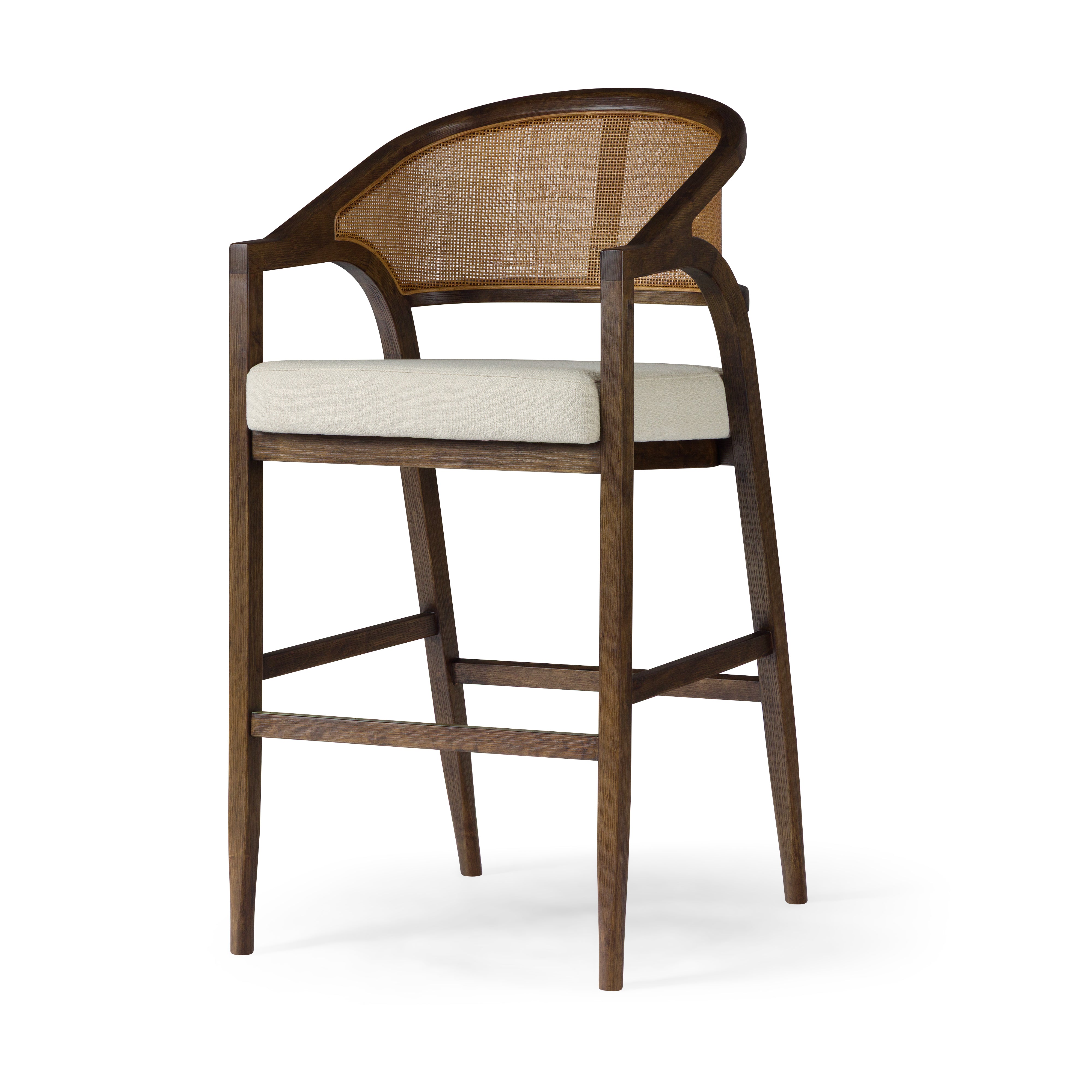 Chloe Bar Stool in Brown Finish with Beige Fabric Upholstery and Honey Rattan Back in Stools by Maven Lane