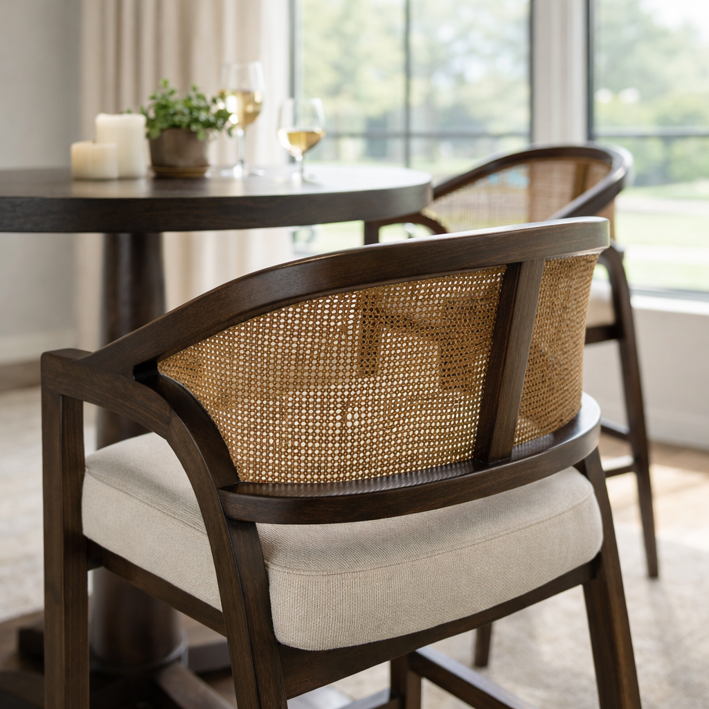 Chloe Bar Stool in Brown Finish with Beige Fabric Upholstery and Honey Rattan Back in Stools by Maven Lane