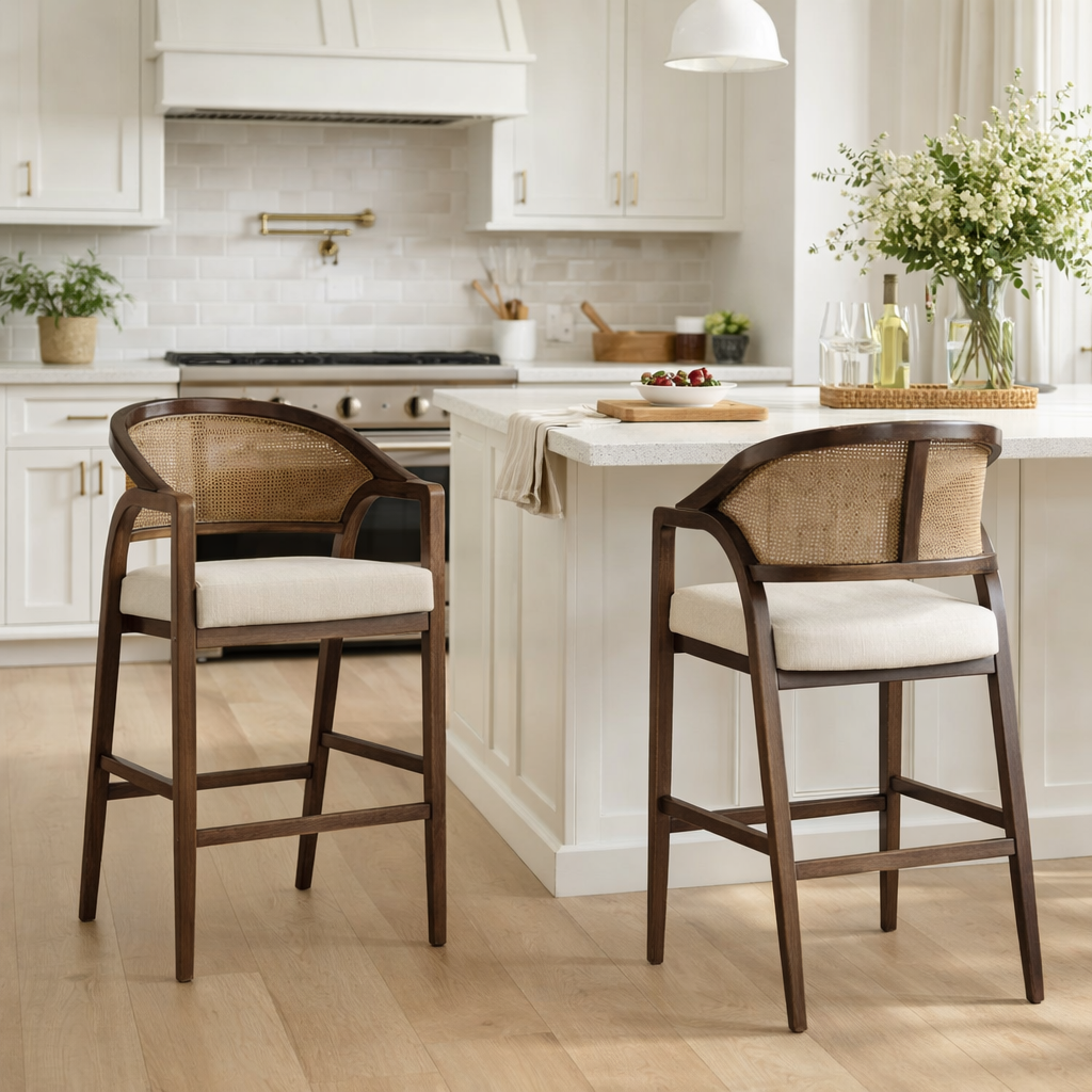26" Chloe Counter Stool in Brown Finish with Beige Fabric Upholstery and Honey Rattan Back in Maven Lane by Maven Lane