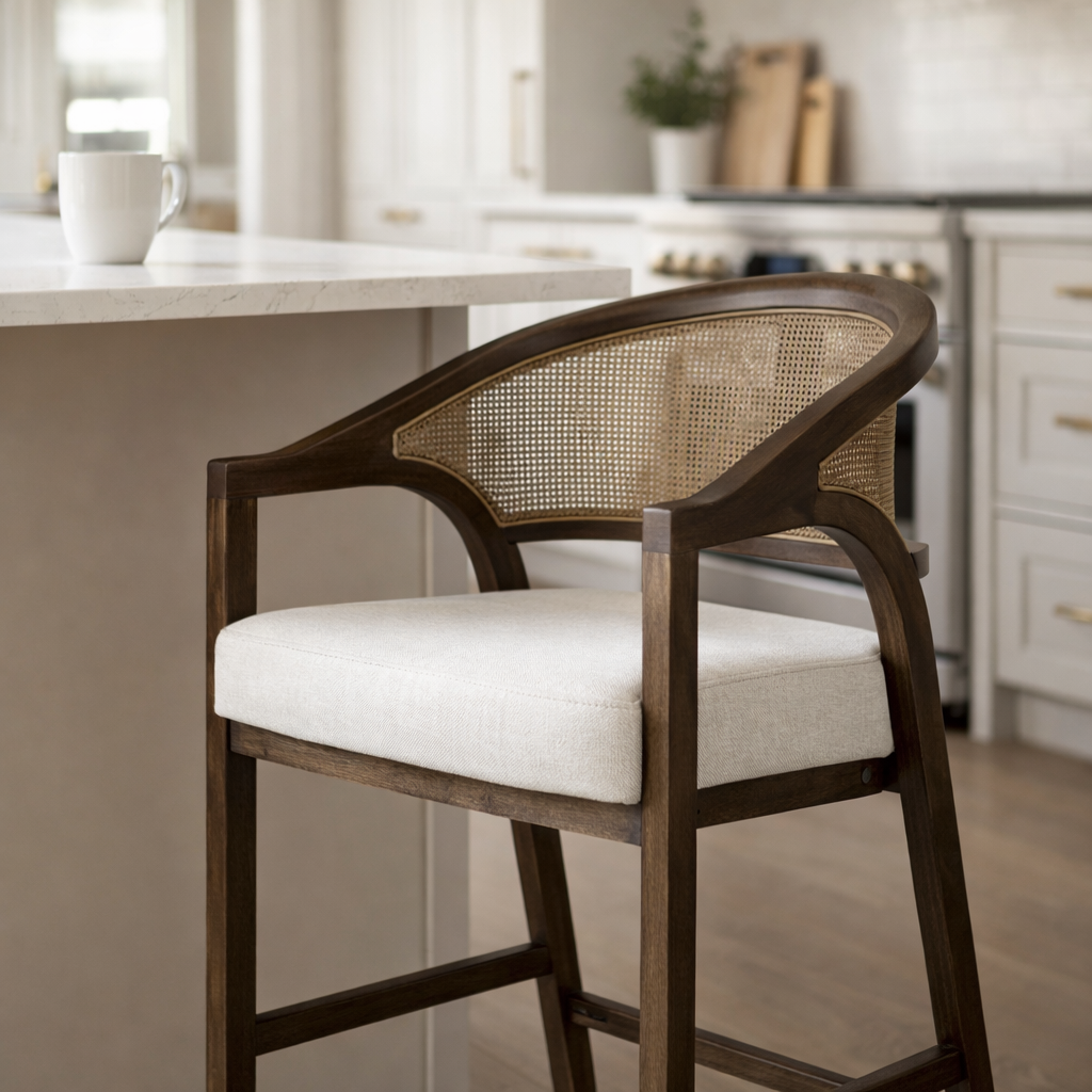 26" Chloe Counter Stool in Brown Finish with Beige Fabric Upholstery and Honey Rattan Back in Maven Lane by Maven Lane
