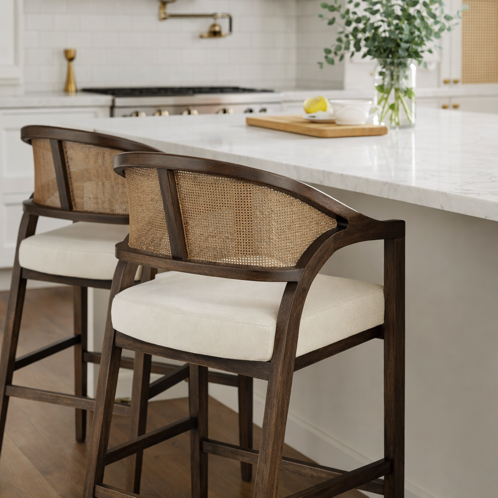 Chloe Counter Stool in Brown Finish with Beige Fabric Upholstery and Honey Rattan Back in Stools by Maven Lane