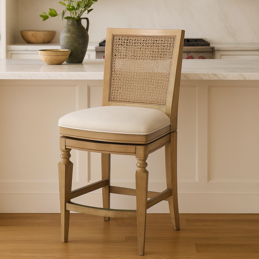 26" Sonoma Swivel Counter Stool in Natural Finish and Beige Fabric in Stools by Maven Lane
